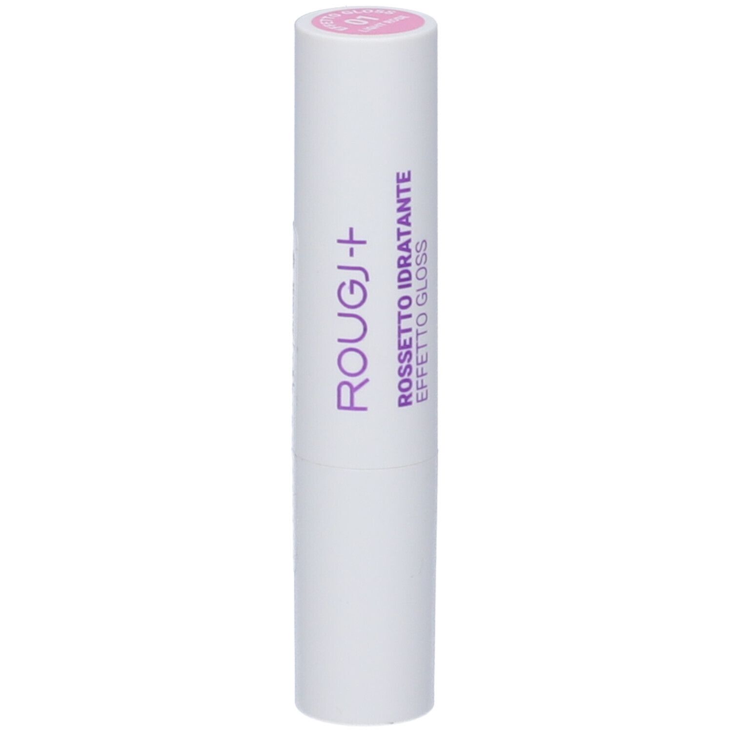 Rossetto bianco con punta rosa. Scritta: ROUGJ+, Rossetto Idratante Effetto Gloss.