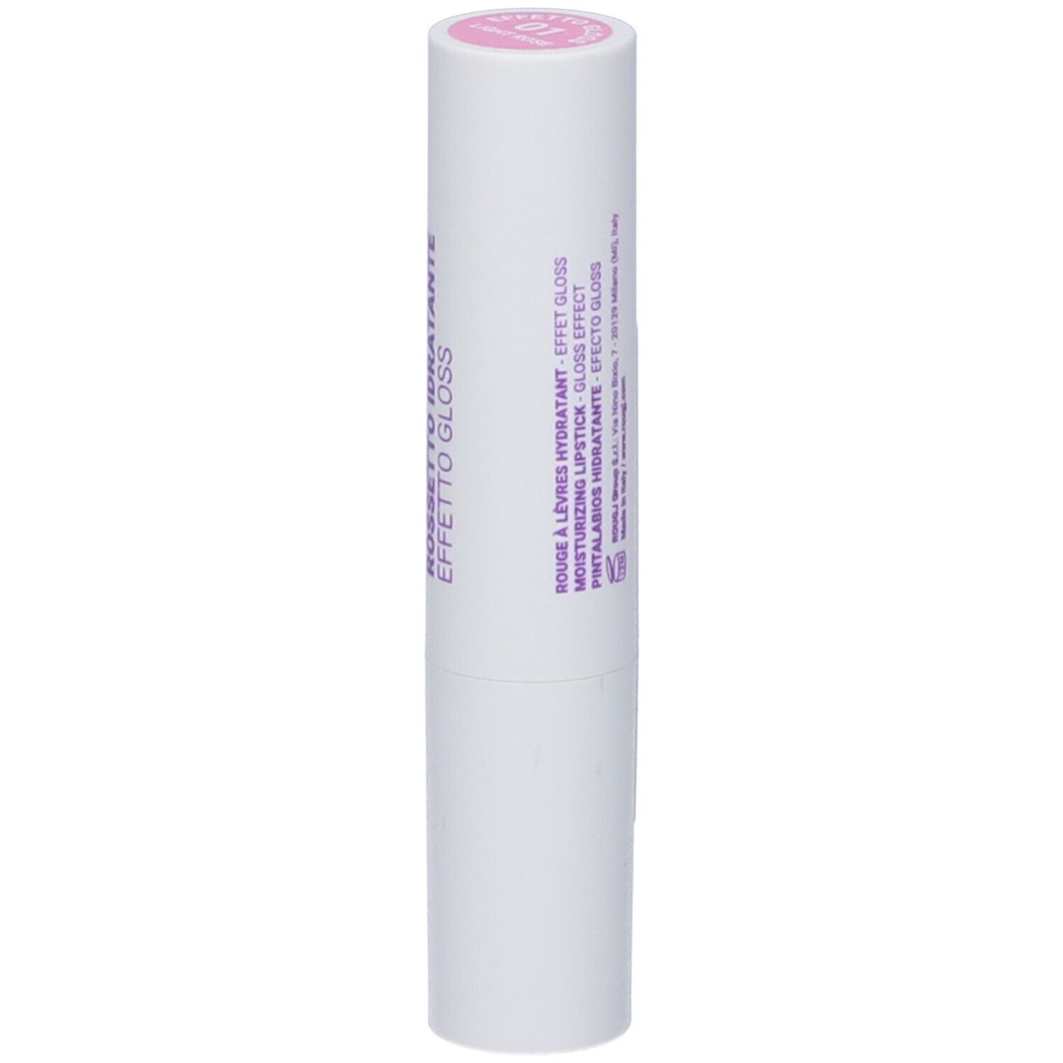 Rossetto bianco con punta rosa. Scritta: ROUGE À LÈVRES HYDRATANT, Effetto Gloss.