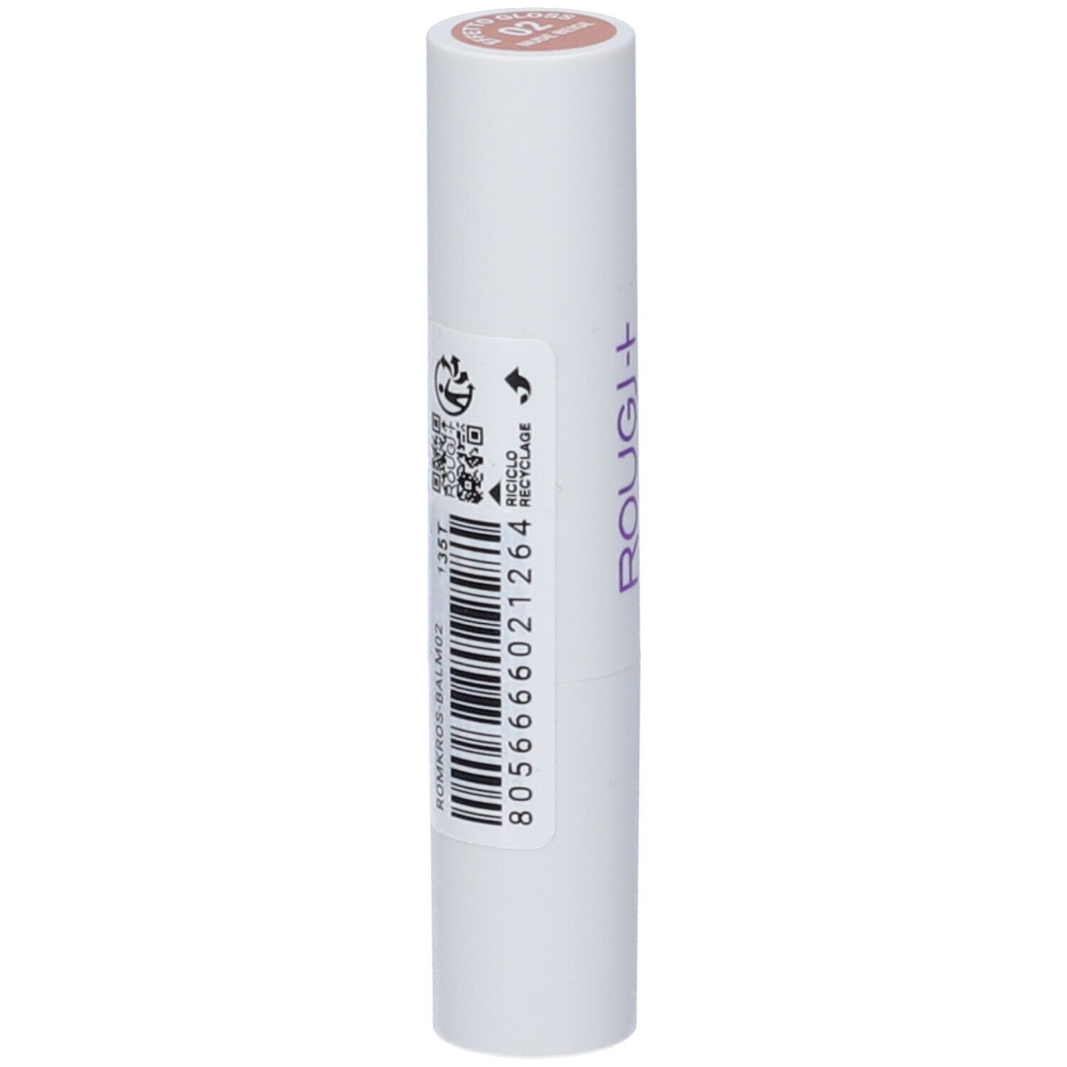 Rossetto bianco con tappo rosa. Scritte: ROUGJ+, ROSSETTO IDRATANTE, EFFETTO GLOSS. Codice a barre e simbolo riciclo.