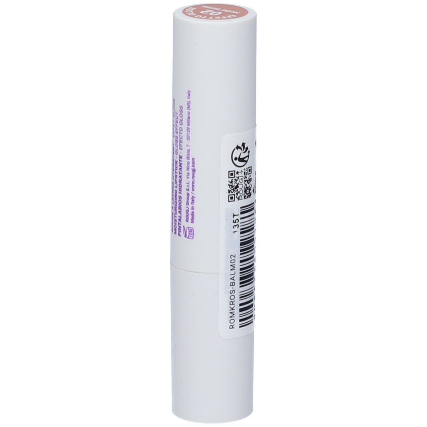 Rossetto bianco con tappo rosa. Scritte: ROUGJ+, ROSSETTO IDRATANTE, EFFETTO GLOSS. Ulteriori informazioni testuali.