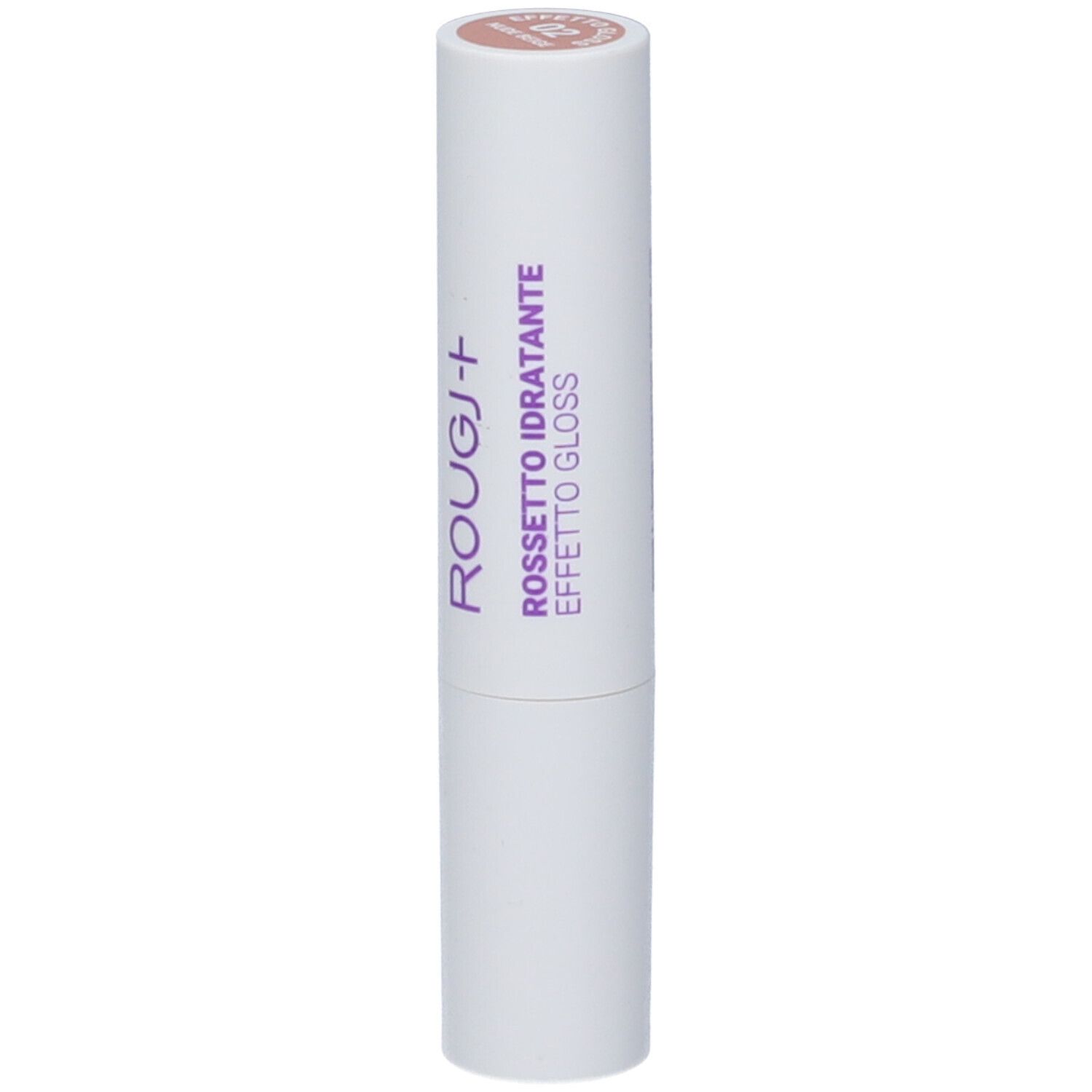 Rossetto bianco con tappo rosa. Scritte: ROUGJ+, ROSSETTO IDRATANTE, EFFETTO GLOSS. Numero colore 02.