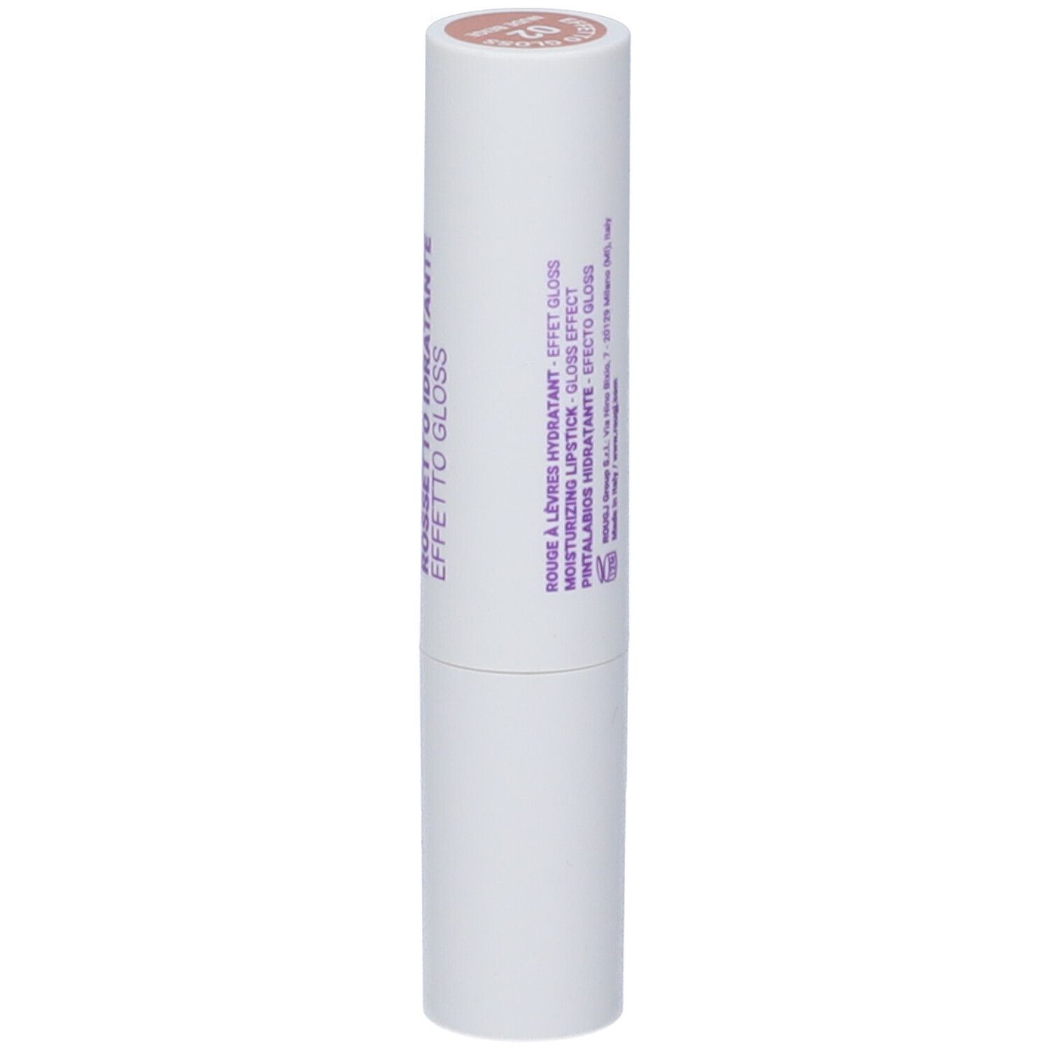 Rossetto bianco con tappo rosa. Scritte: ROUGJ+, ROSSETTO IDRATANTE, EFFETTO GLOSS. Ulteriori informazioni testuali.