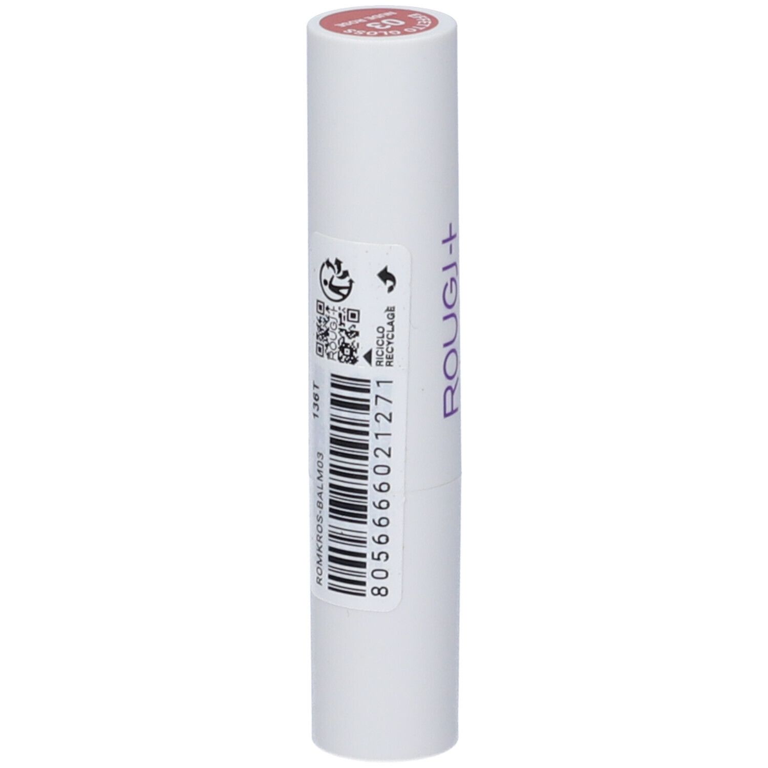 Rossetto in astuccio bianco. Scritta: ROUGJ+, ROSSETTO IDRATANTE, EFFETTO GLOSS. Codice a barre e simbolo di riciclaggio.