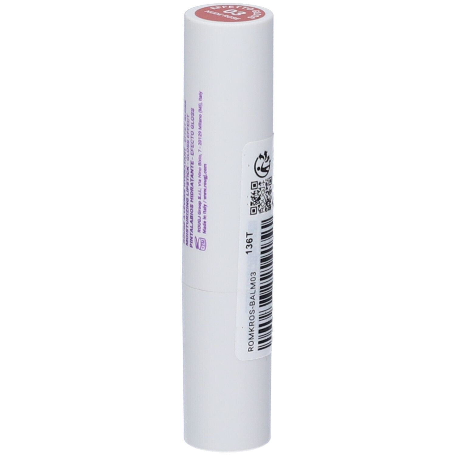Rossetto in astuccio bianco. Scritta: ROUGJ+, ROSSETTO IDRATANTE, EFFETTO GLOSS. Testo e codice QR.