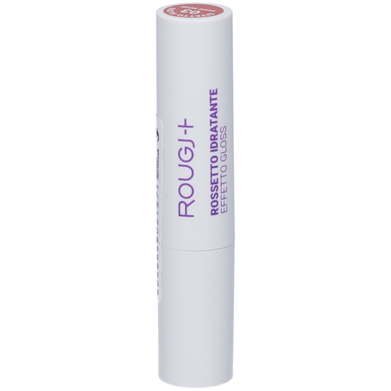 Rossetto in astuccio bianco. Scritta: ROUGJ+, ROSSETTO IDRATANTE, EFFETTO GLOSS.