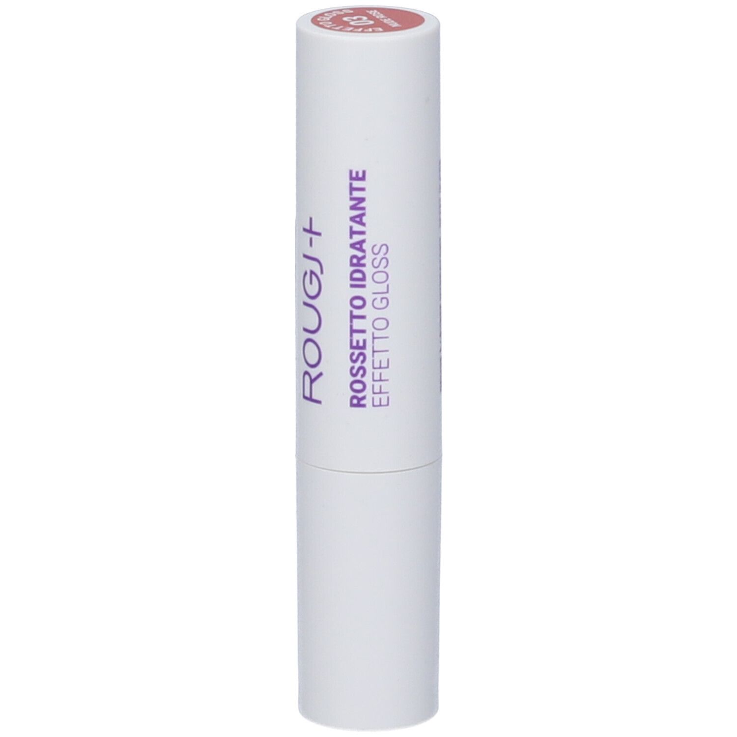 Rossetto in astuccio bianco. Scritta: ROUGJ+, ROSSETTO IDRATANTE, EFFETTO GLOSS.