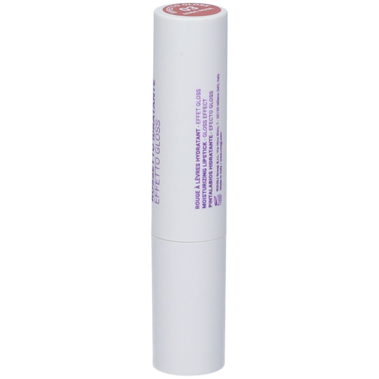 Rossetto in astuccio bianco. Scritta: ROUGJ+, ROSSETTO IDRATANTE, EFFETTO GLOSS.
