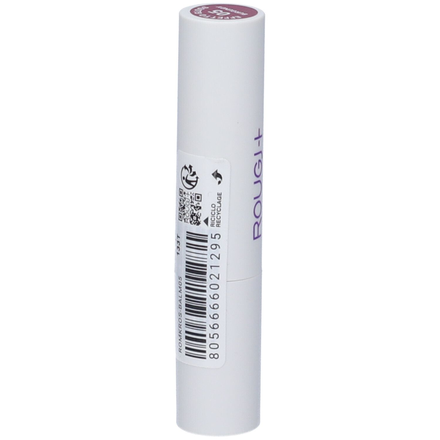 Tubo di rossetto bianco con etichetta. Codice QR, simbolo di riciclo, codice a barre e informazioni. Nome del prodotto.