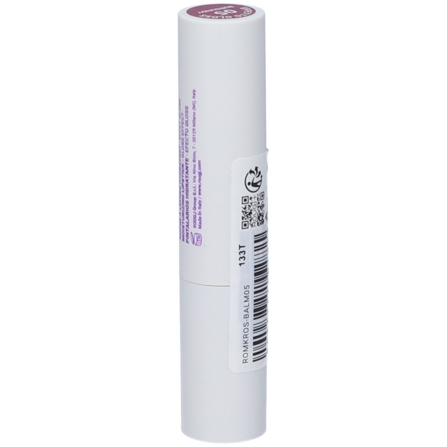 Tubo di rossetto bianco con etichetta. Codice QR, simbolo di riciclo, codice a barre e informazioni. Nome del prodotto.