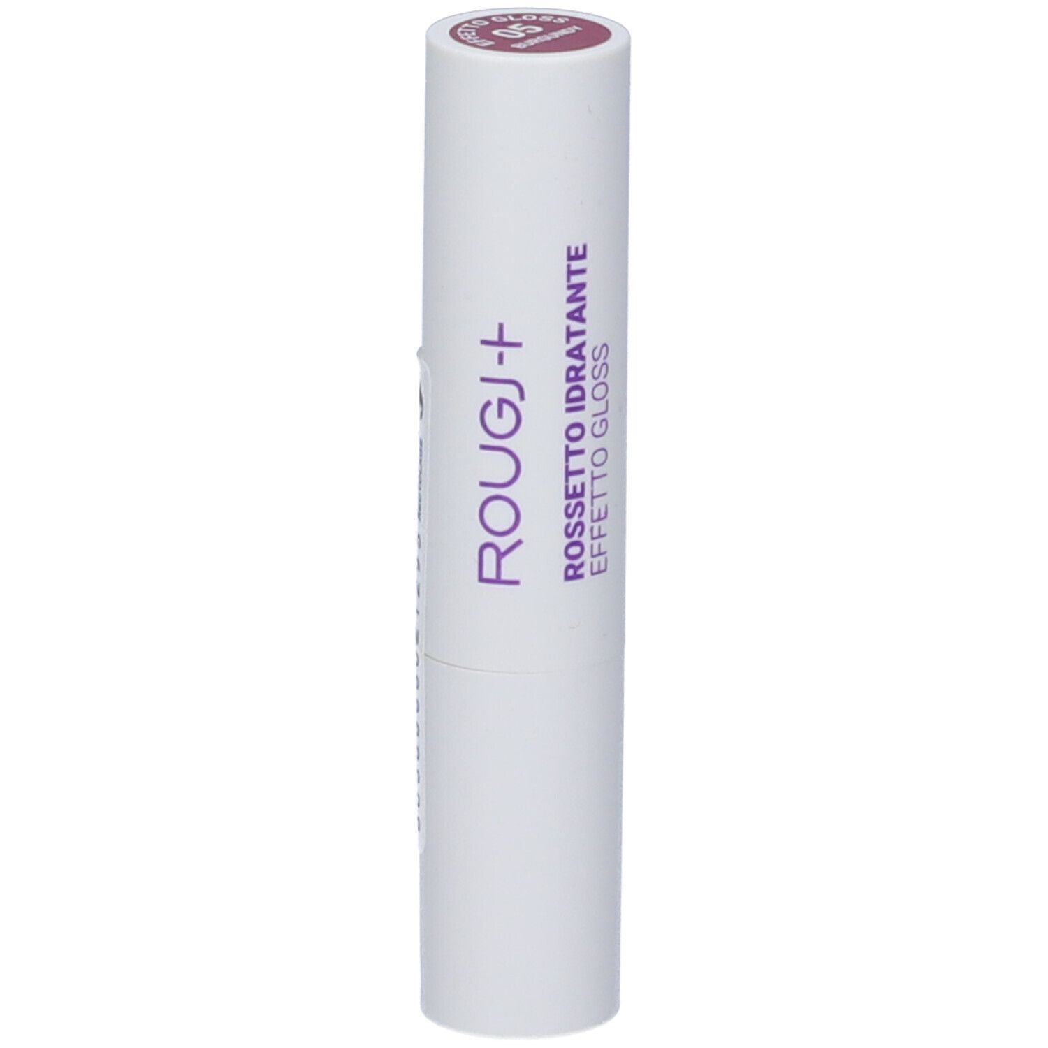 Tubo di rossetto bianco con testo viola. In alto: tonalità 05 Burgundy. Nome del prodotto ed effetto.