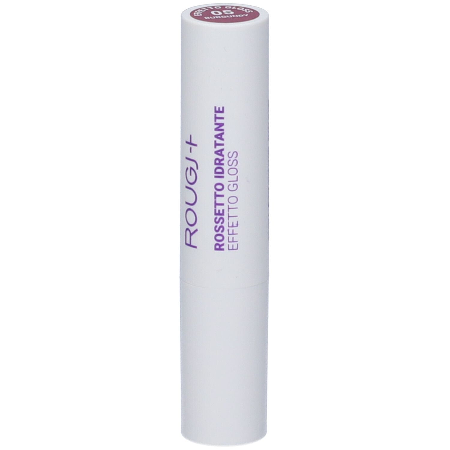 Tubo di rossetto bianco con testo viola. In alto: tonalità 05 Burgundy. Nome del prodotto ed effetto.