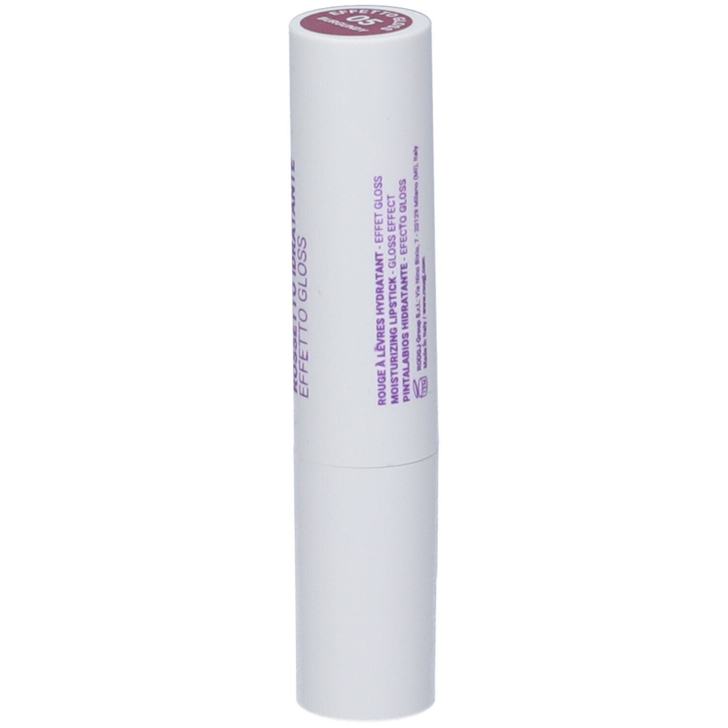 Tubo di rossetto bianco con testo viola. In alto: tonalità 05 Burgundy. Nome del prodotto ed effetto.