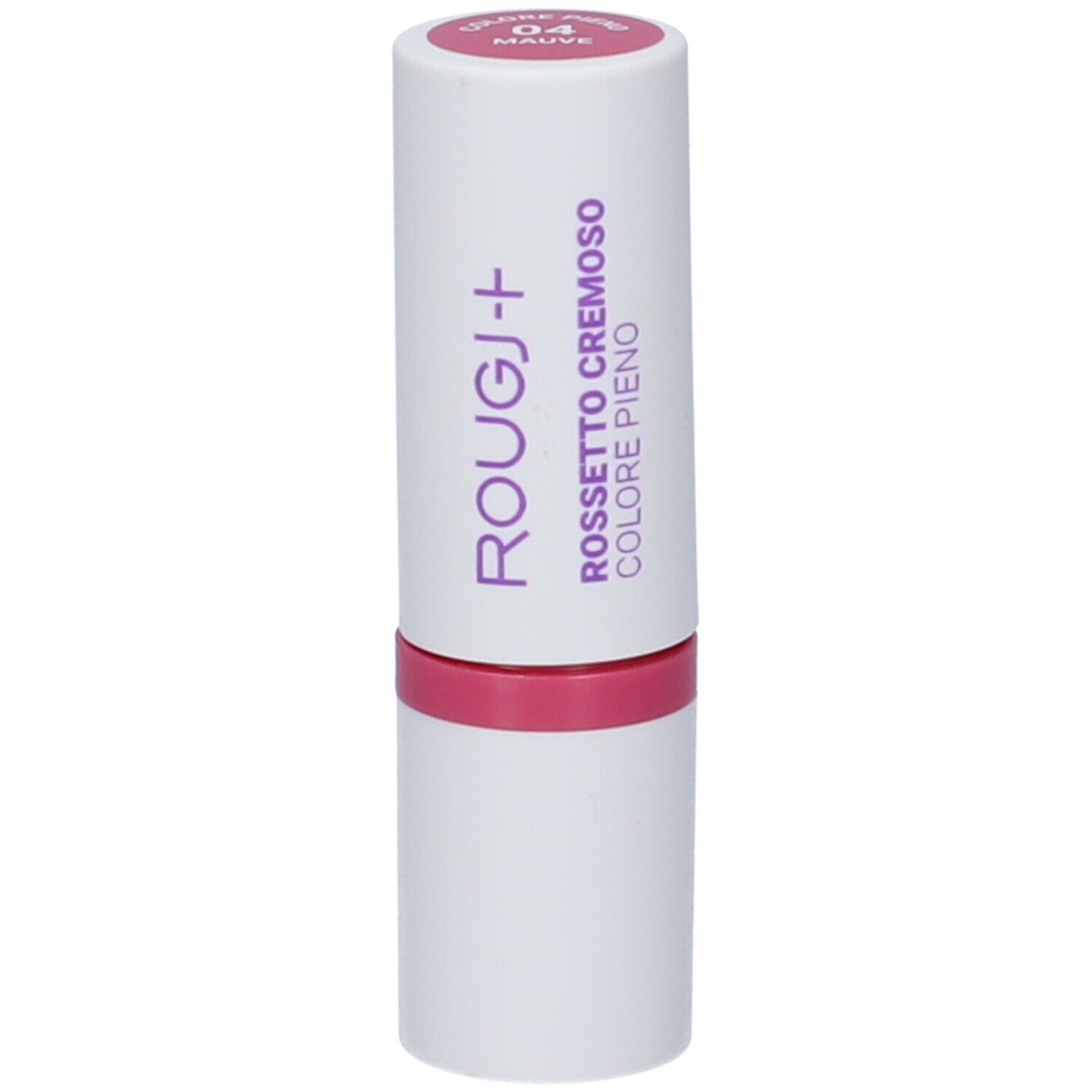 Rossetto bianco e rosa. Scritta: Rougj+, Rossetto Cremoso Colore Pieno 04 Mauve.