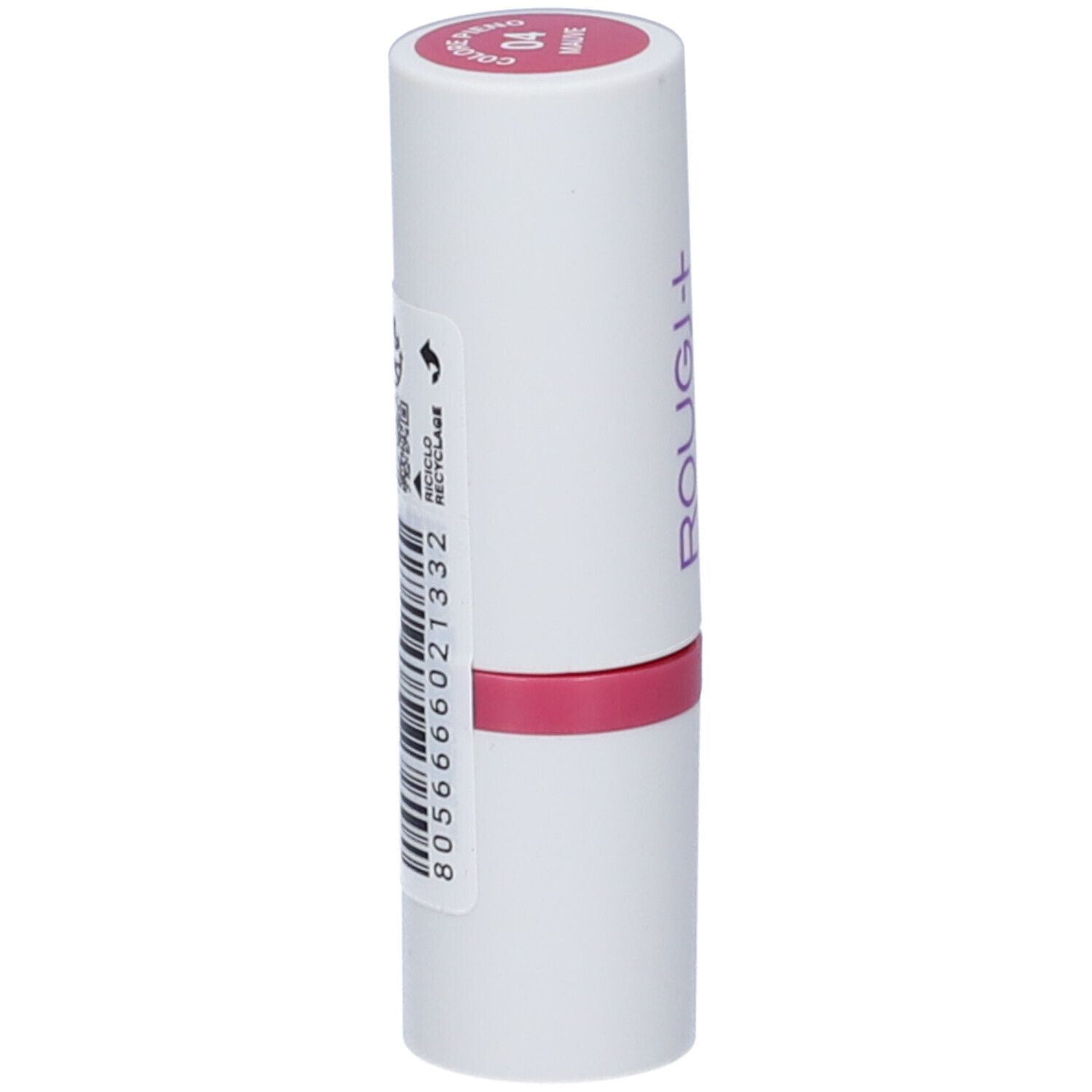 Rossetto con involucro bianco, base rosa. Scritta: Rougj+. Codice a barre e simbolo di riciclo.