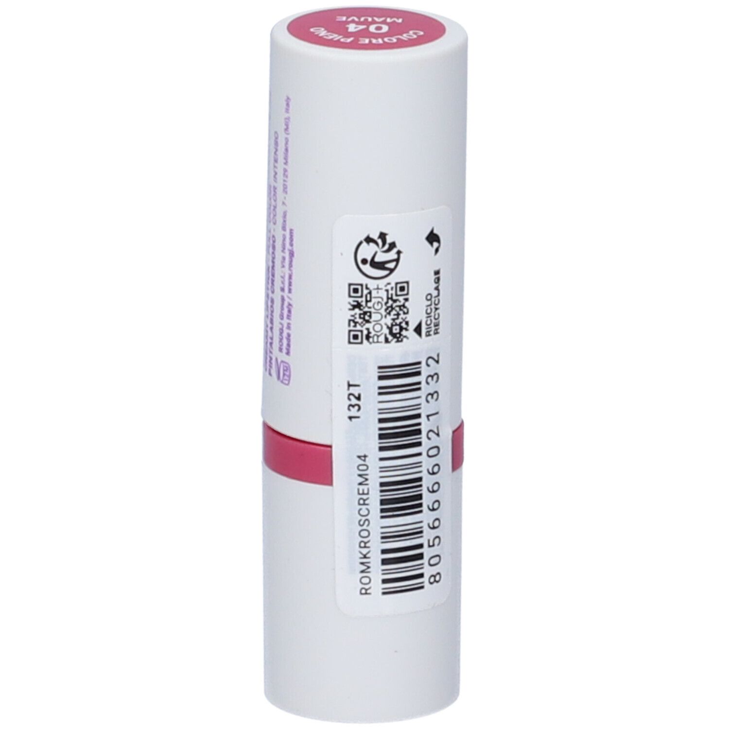 Rossetto con involucro bianco, base rosa. Scritta: Rougj+. Codice a barre, QR code e simbolo di riciclo.
