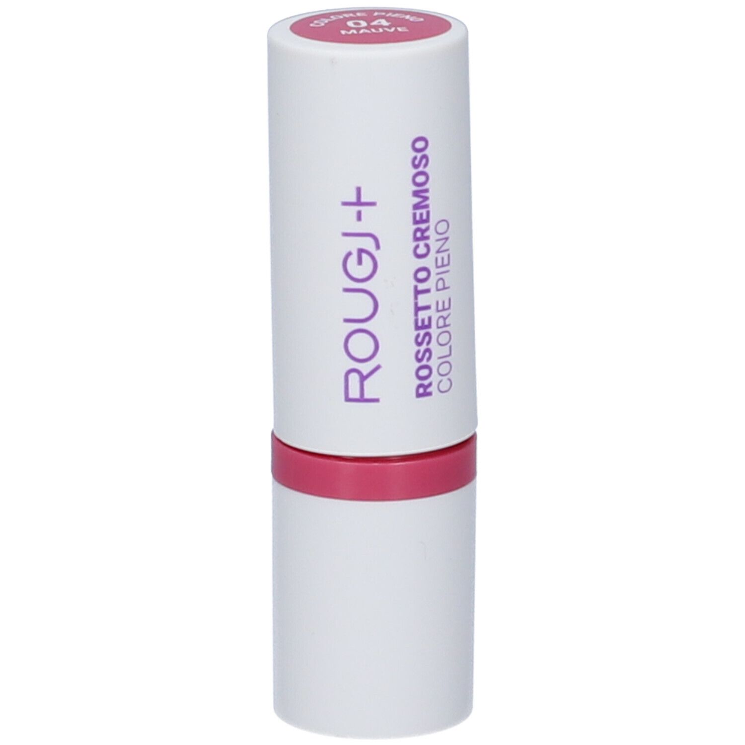 Rossetto bianco e rosa. Scritta: Rougj+, Rossetto Cremoso Colore Pieno 04 Mauve.