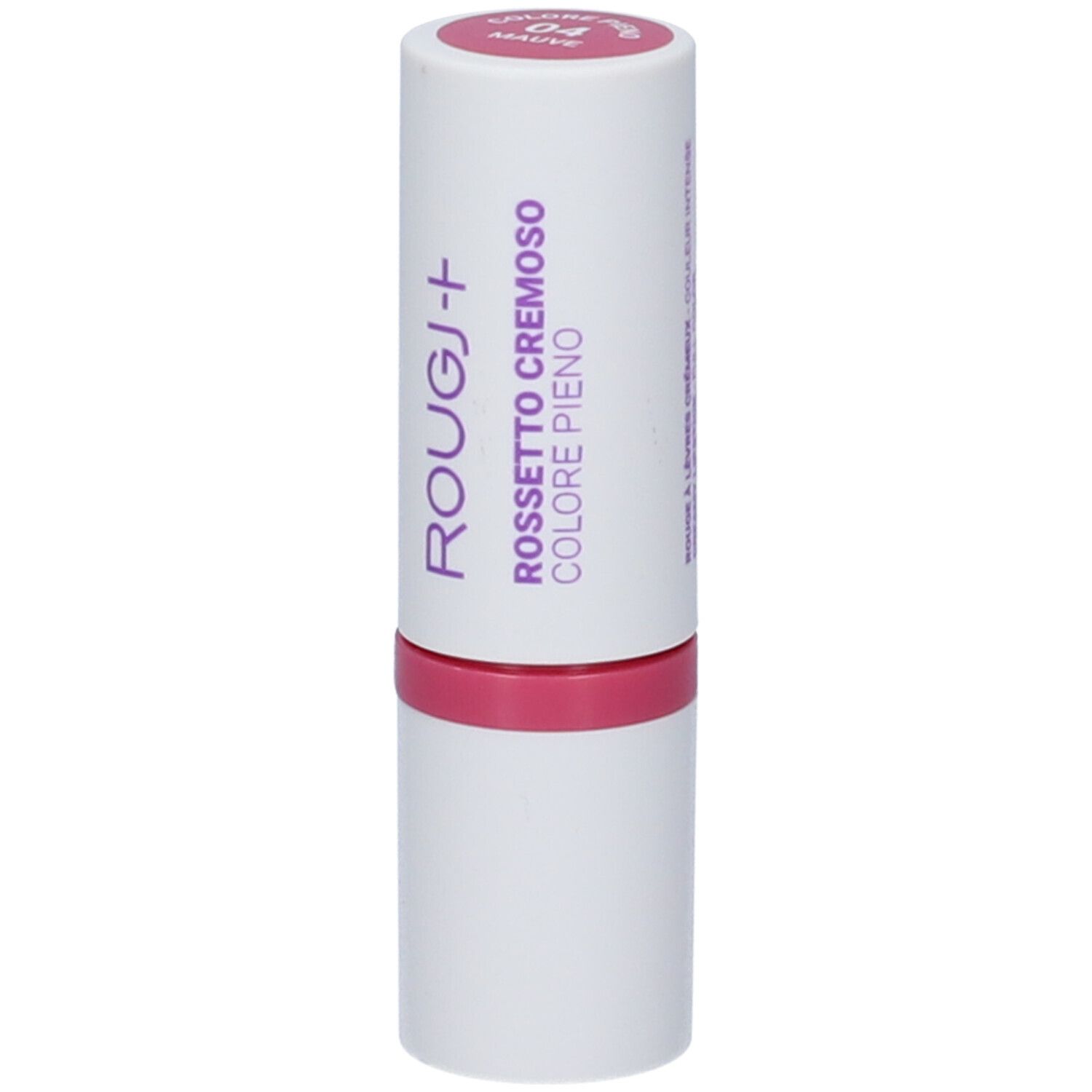 Rossetto bianco e rosa. Scritta: Rougj+, Rossetto Cremoso Colore Pieno 04 Mauve.
