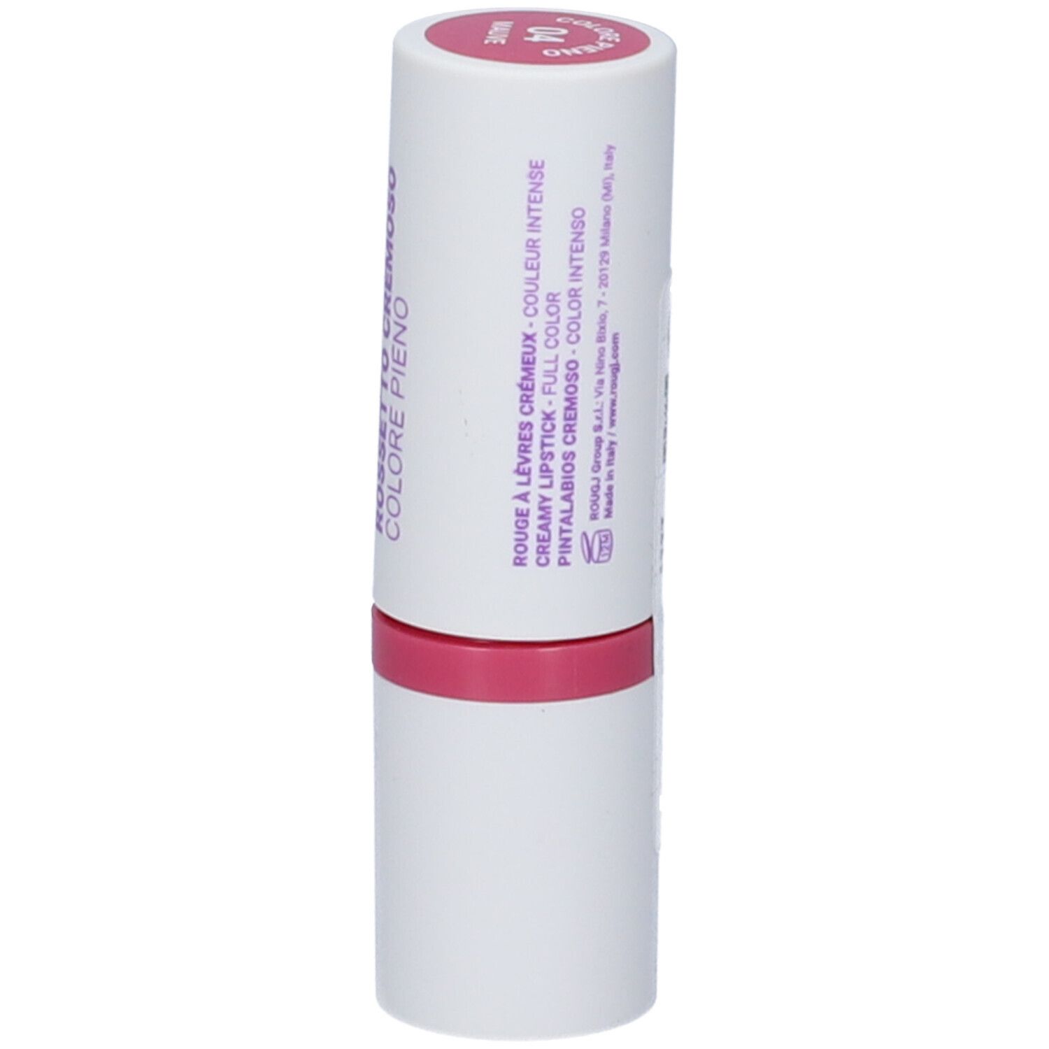 Rossetto con involucro bianco, base rosa. Scritta: Rougj+, Rossetto Cremoso Colore Pieno.
