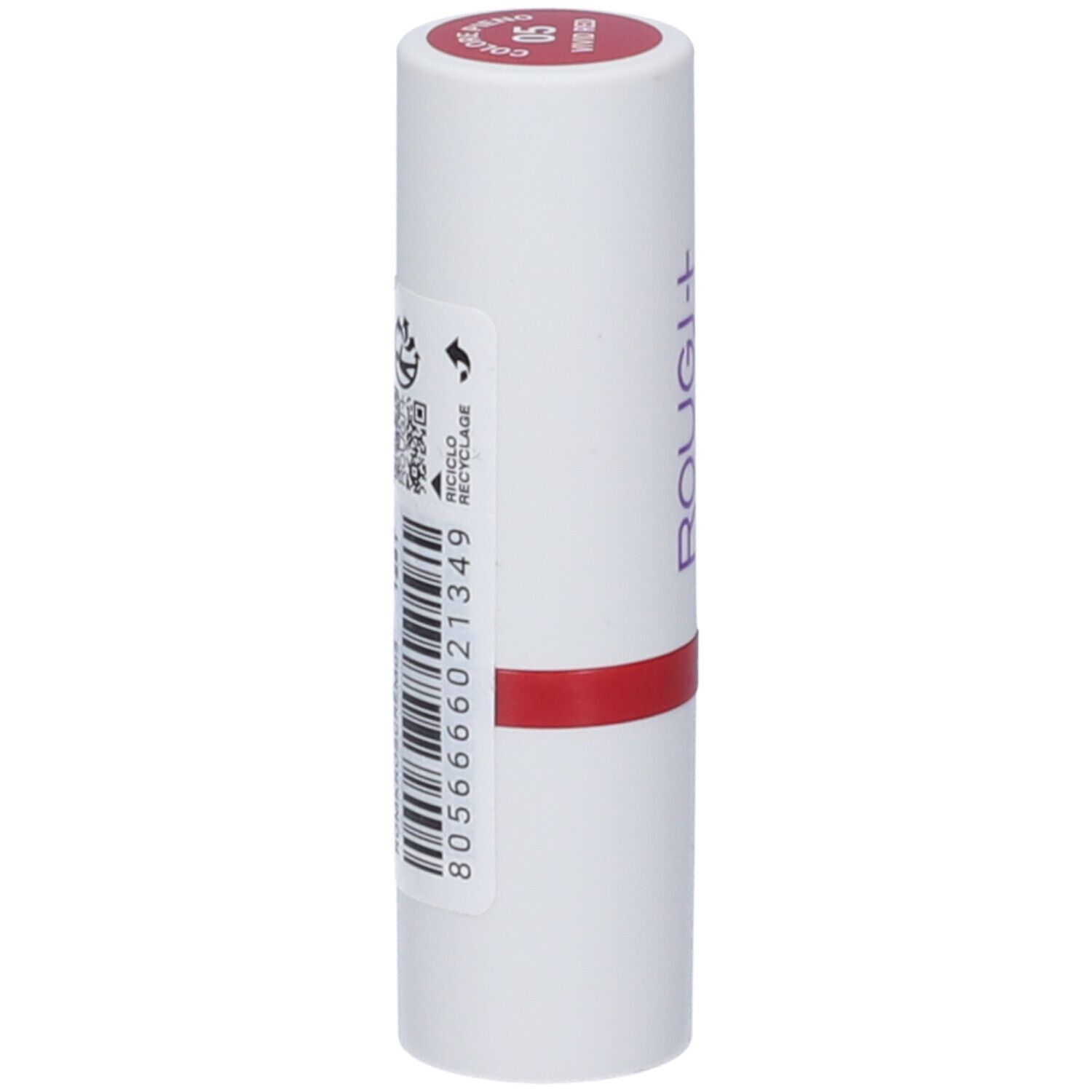 Rossetto bianco con fascia rossa. Scritta: ROUGJ+, ROSSETTO CREMOSO, 05 VIVID RED. Codice a barre e simbolo di riciclo.