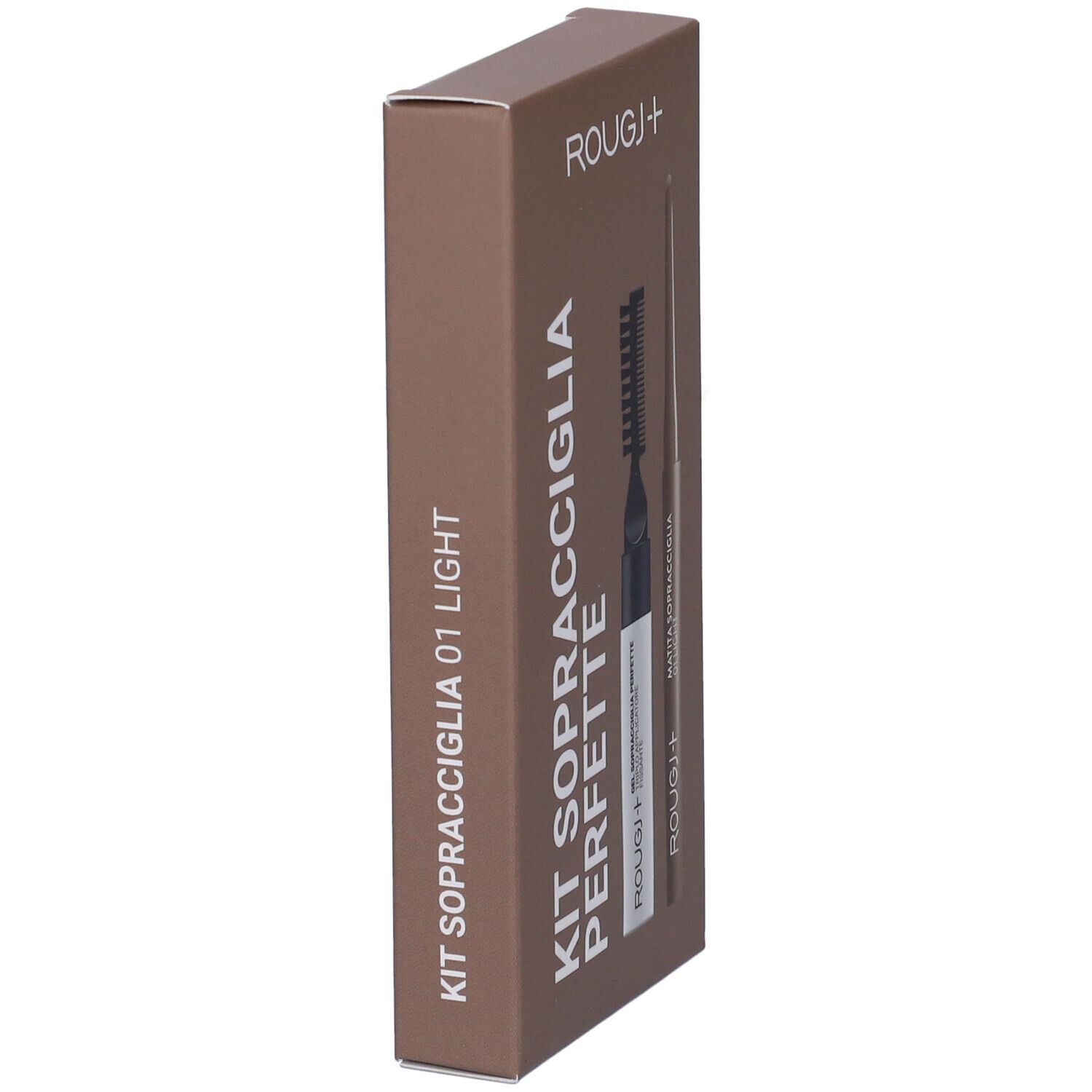 Confezione marrone con kit sopracciglia. Testo: KIT SOPRACCIGLIA PERFETTE 01 LIGHT, ROUGJ+.