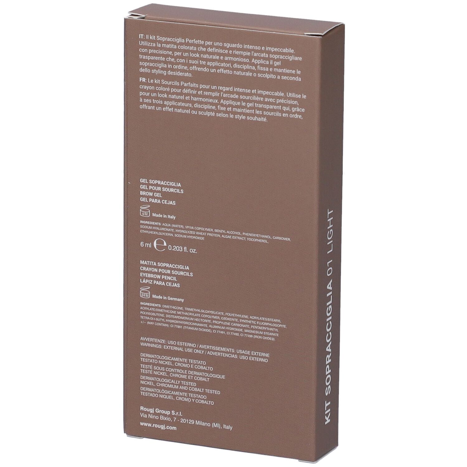 Confezione marrone con testo. Testo: GEL POUR SOURCILS, MATITA SOPRACCIGLIA, 01 LIGHT, ROUGJ+.