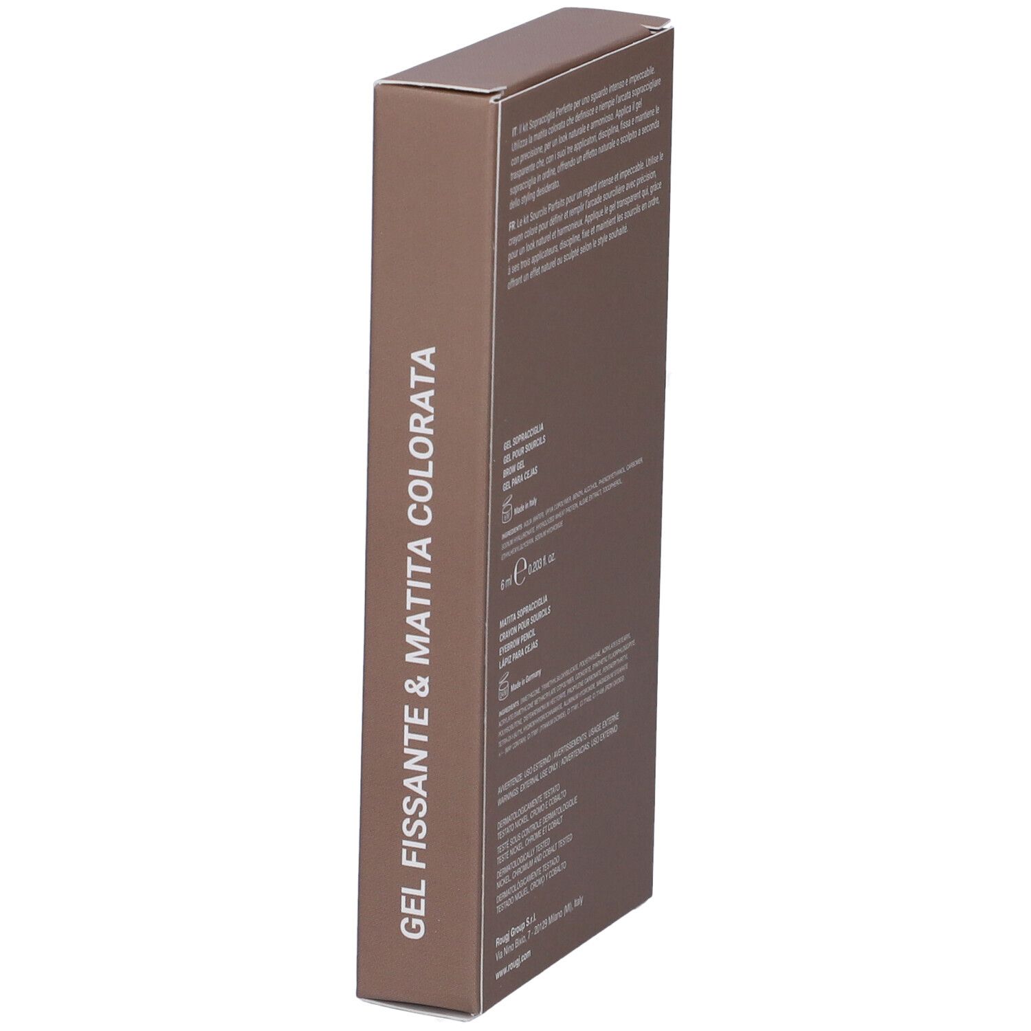 Confezione marrone con testo. Testo: GEL FISSANTE & MATITA COLORATA, ROUGJ+.