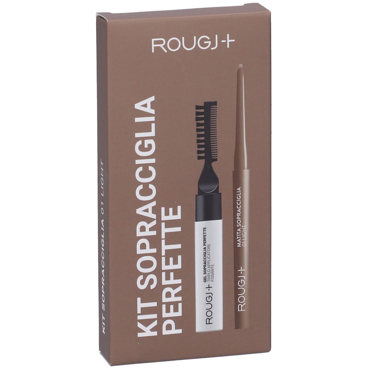 Confezione marrone con kit sopracciglia. Testo: KIT SOPRACCIGLIA PERFETTE 01 LIGHT, ROUGJ+.