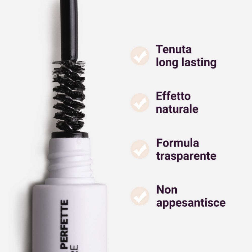 Applicatore gel con testo. Testo: Tenuta long lasting, Effetto naturale, Formula trasparente, Non appesantisce.
