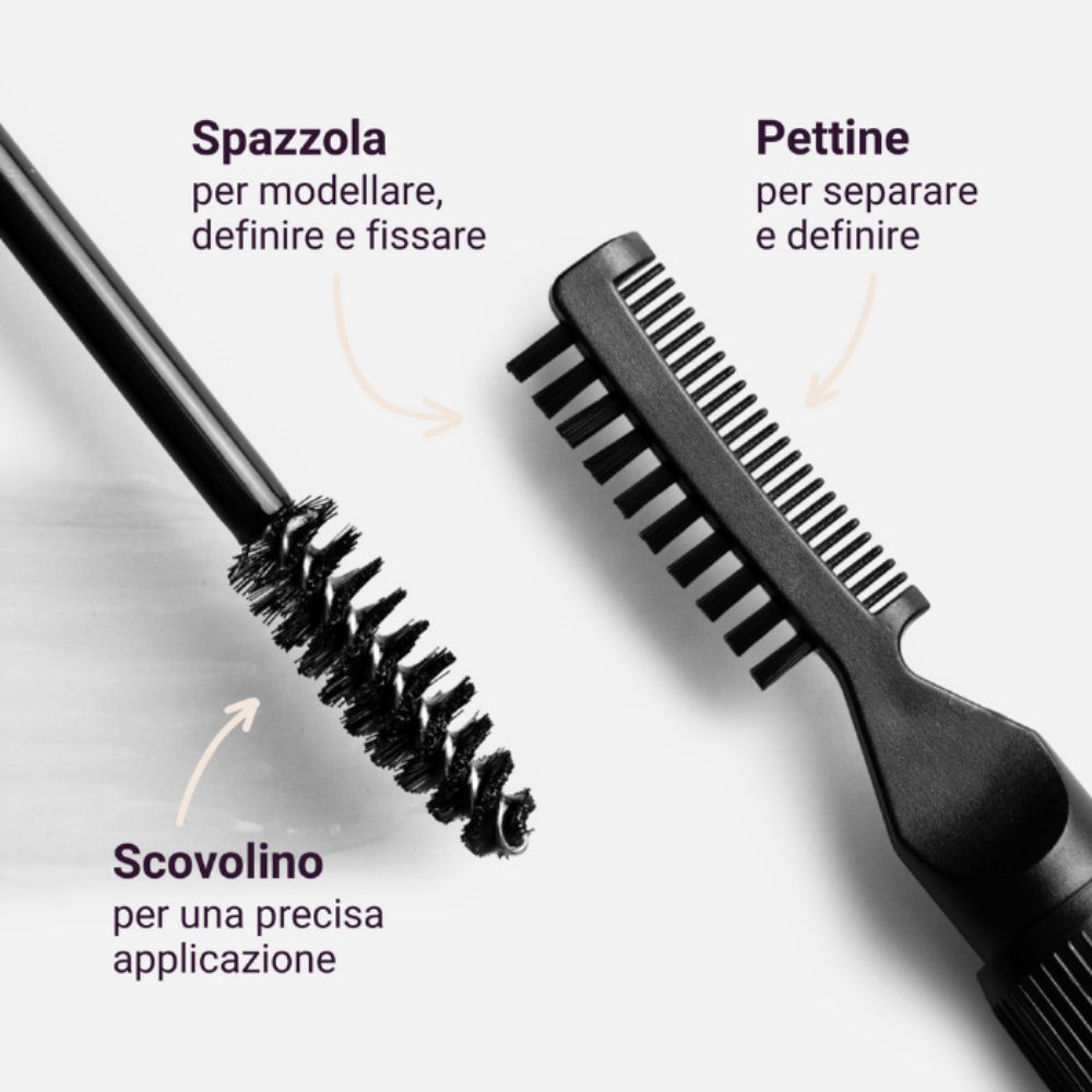 Spazzola e pettine per sopracciglia. Etichette: Spazzola, Pettine, Scovolino.