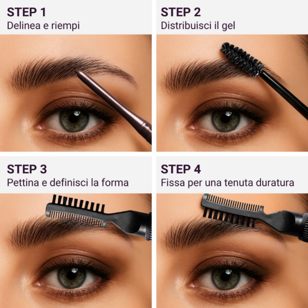 Fasi di applicazione per le sopracciglia. 4 immagini con testo.