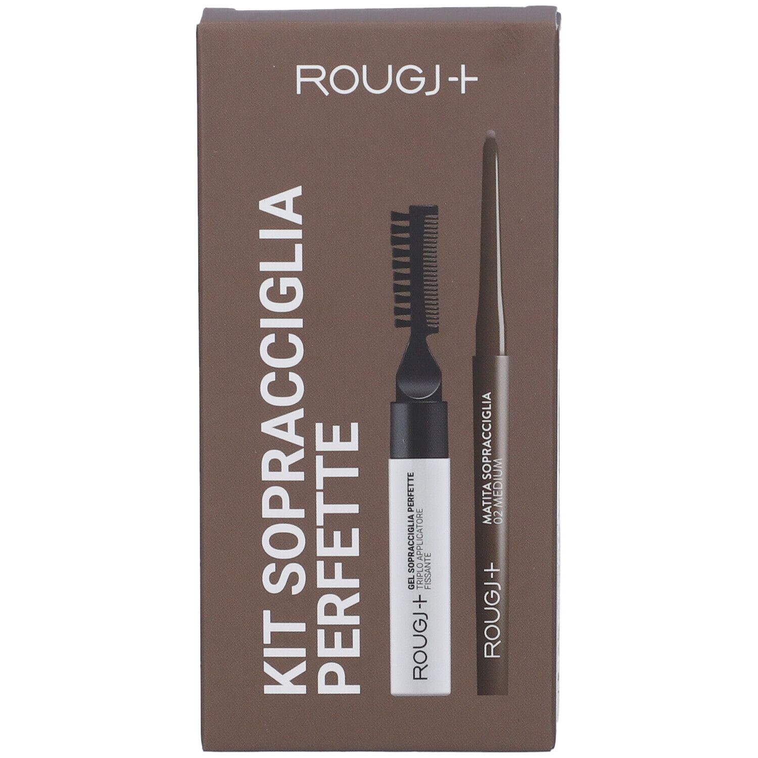 Kit Sopracciglia Perfette 03 Medium marrone. Contiene matita, spazzola e gel. Marchio Rougj+.