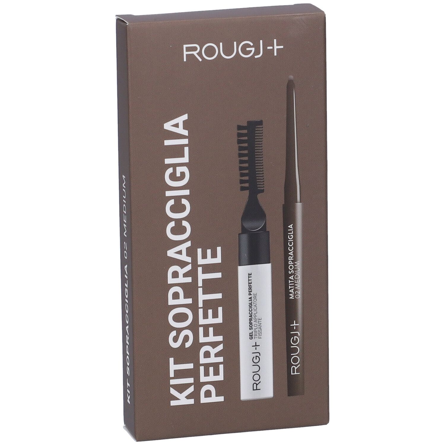 Kit Sopracciglia Perfette 02 Medium marrone. Contiene matita, spazzola e gel. Marchio Rougj+.
