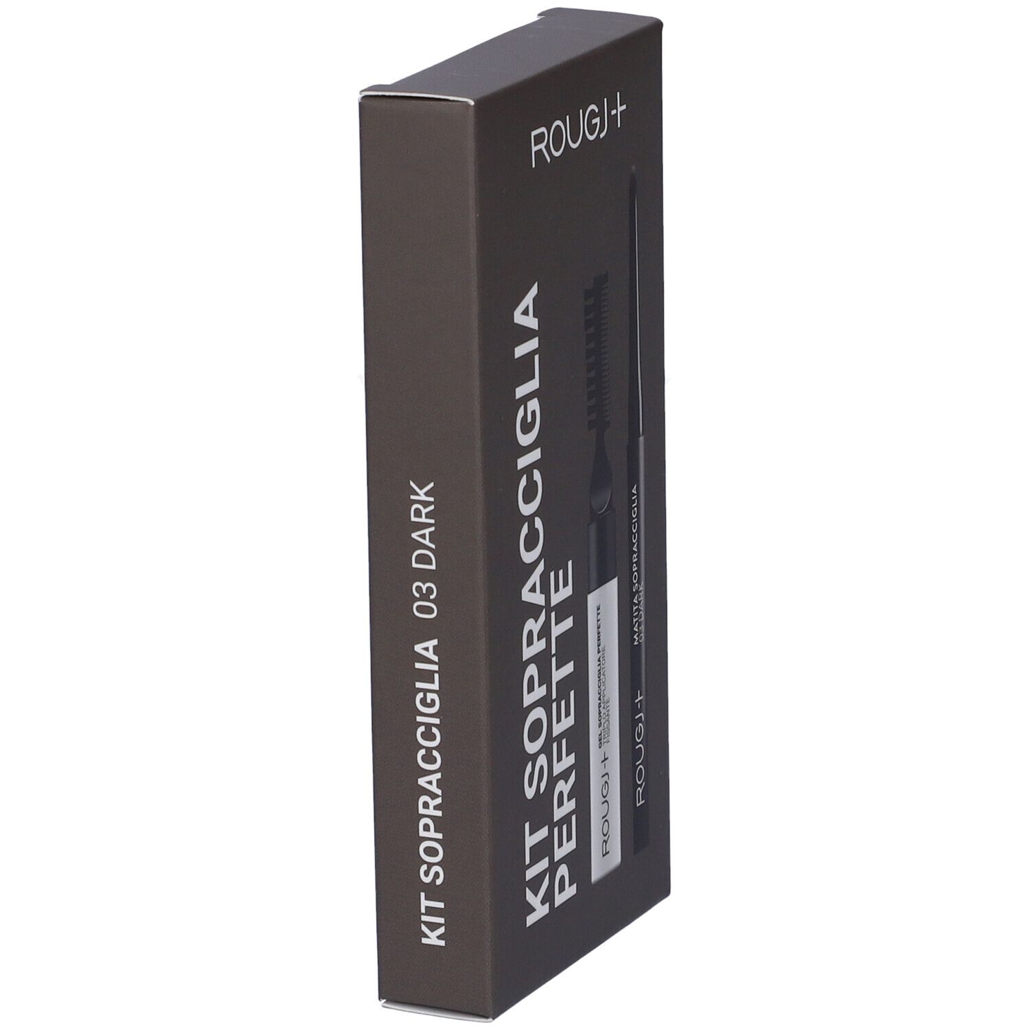 Confezione marrone scuro, Kit Sopracciglia Perfette 03 Dark. Marchio Rougj+. Vista obliqua.
