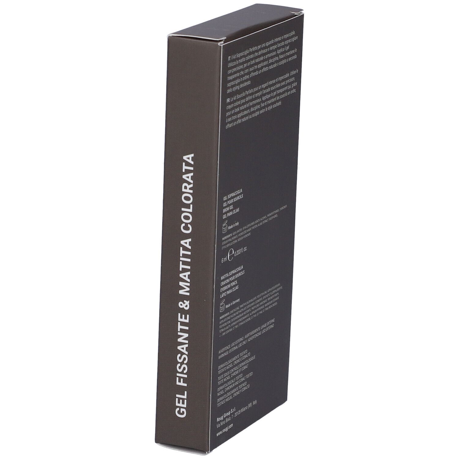 Retro della confezione. Testo multilingue. Gel Fissante & Matita Colorata. Marchio Rougj+.