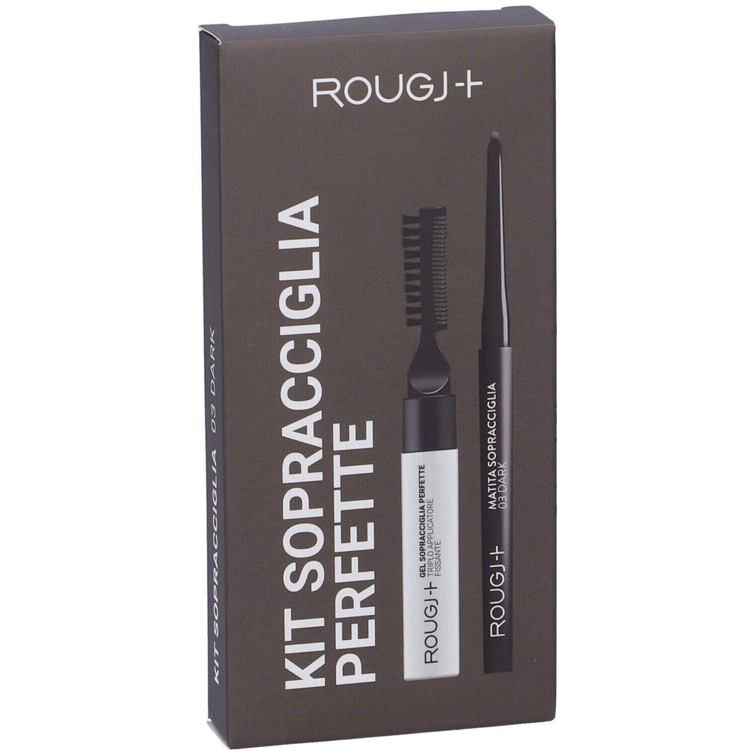 Confezione marrone scuro con Kit Sopracciglia Perfette 03 Dark. Contiene spazzola, gel e matita. Marchio Rougj+.
