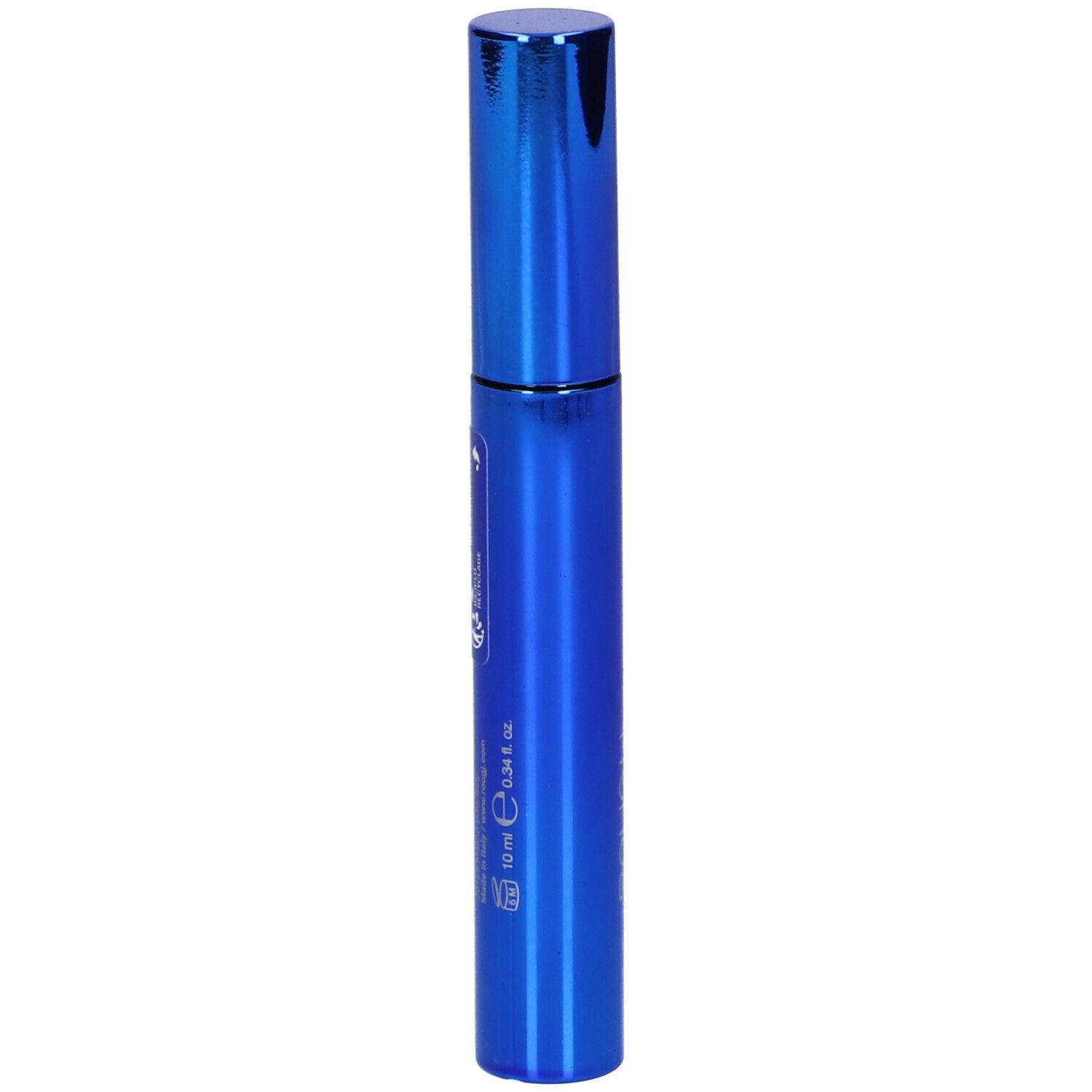 Tubo di mascara blu. Scritta: 10 ml, 0.34 fl. oz. Altre scritte.