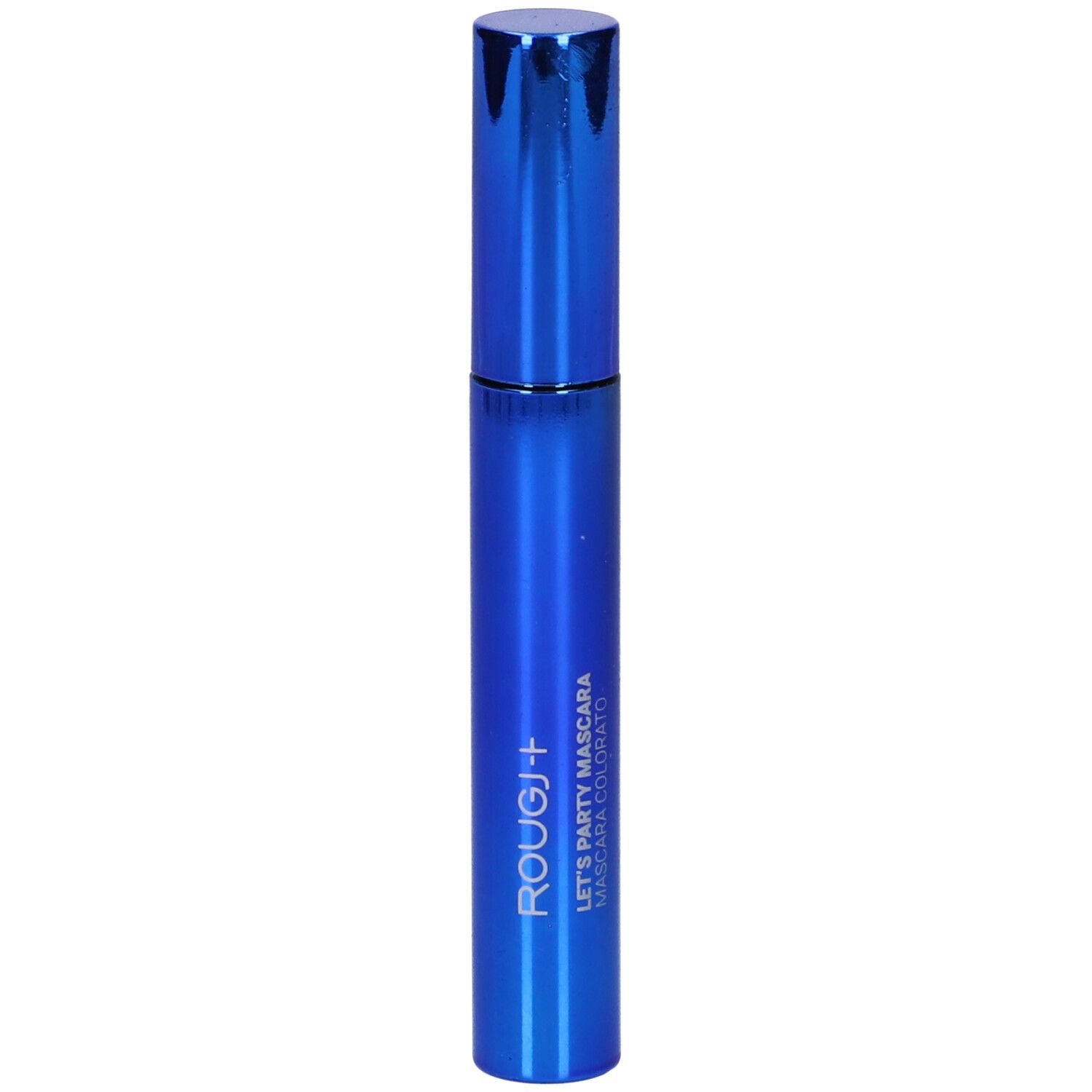 Tubo di mascara blu con tappo argentato. Scritta: Rougj+ Let's Party Mascara Colorato.