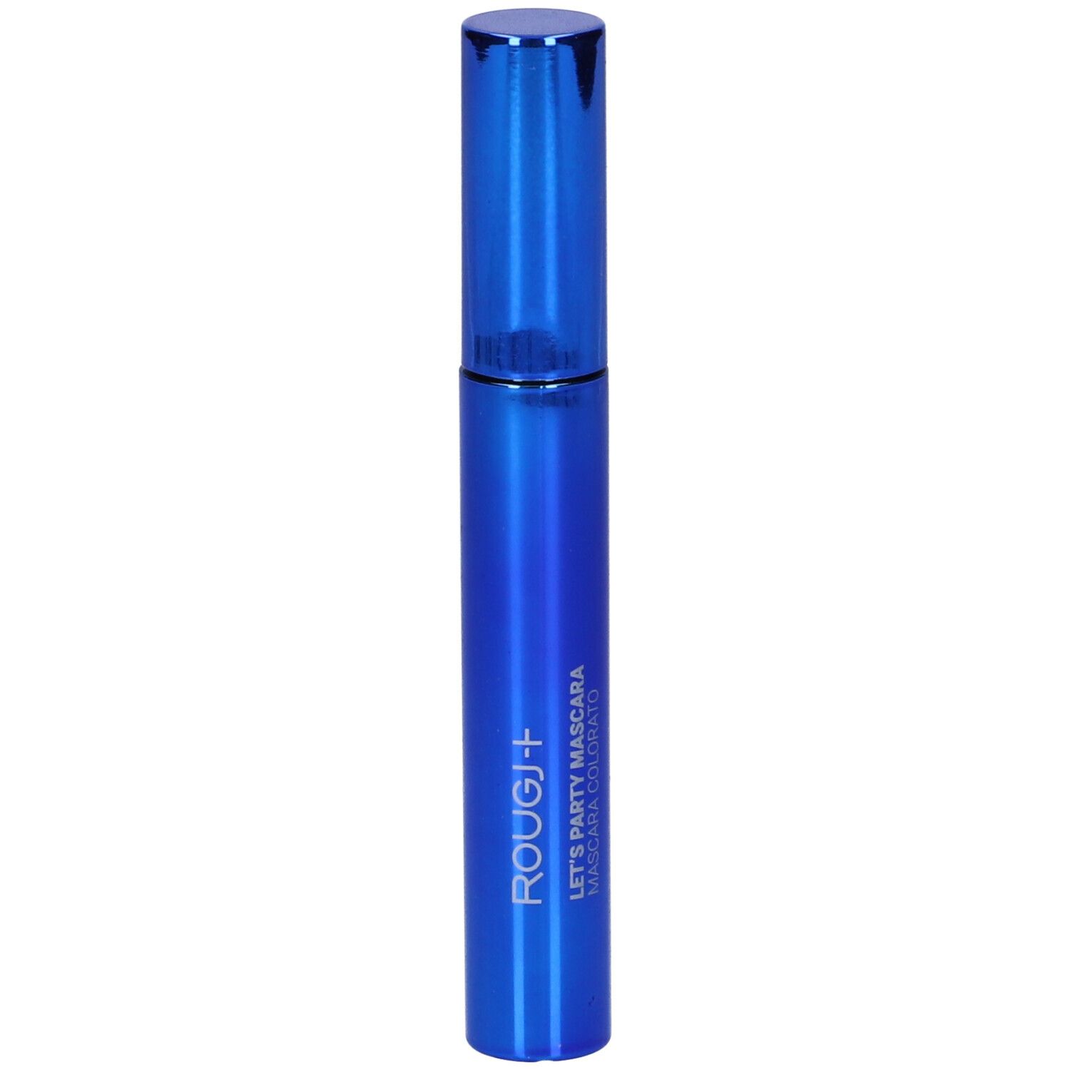 Tubo di mascara blu. Scritta: Rougj+ Let's Party Mascara Mascara Colorato.