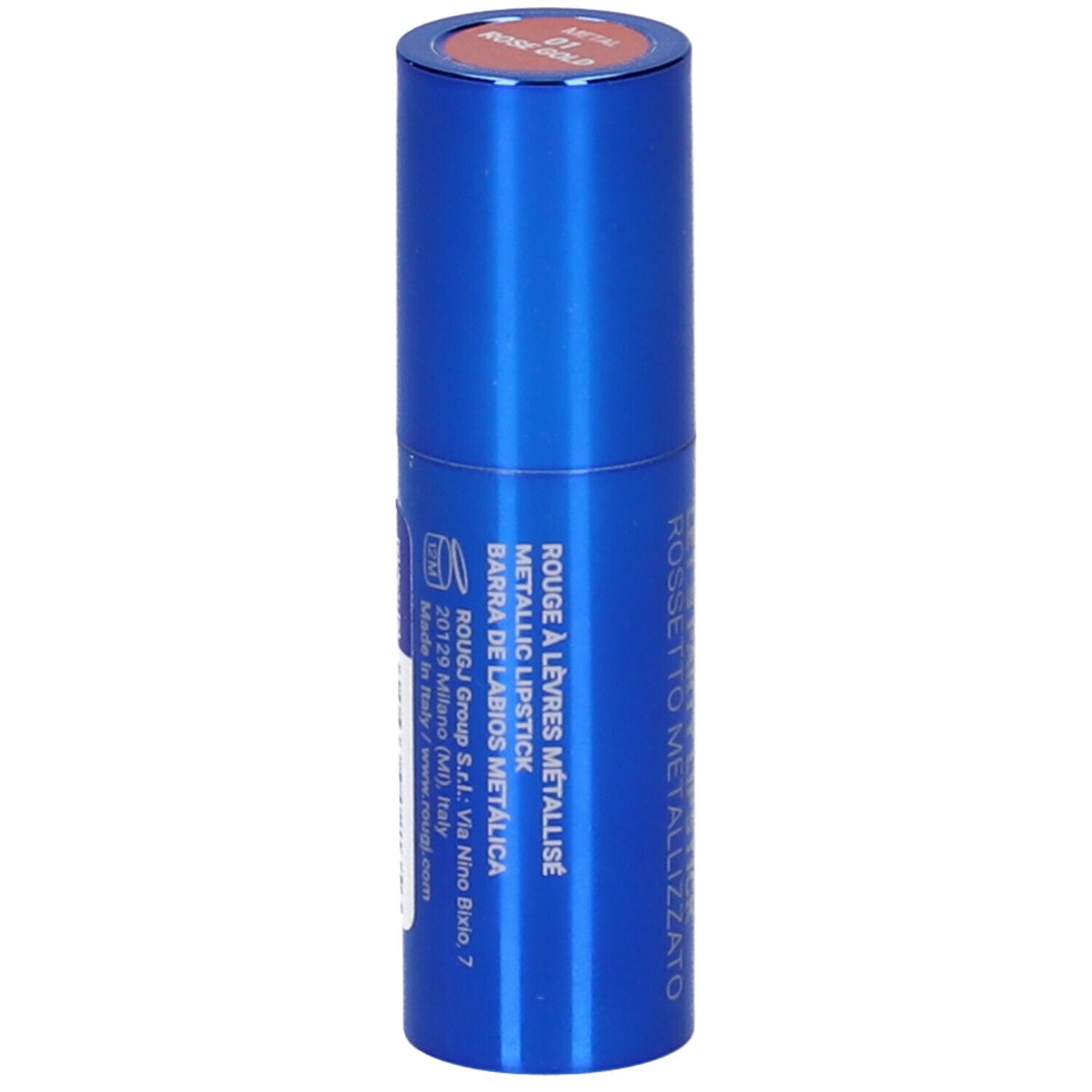 Rossetto blu. Scritta: Rouge à lèvres métallisé, Barra de labios metálica, Metallic Lipstick. Made in Italy.