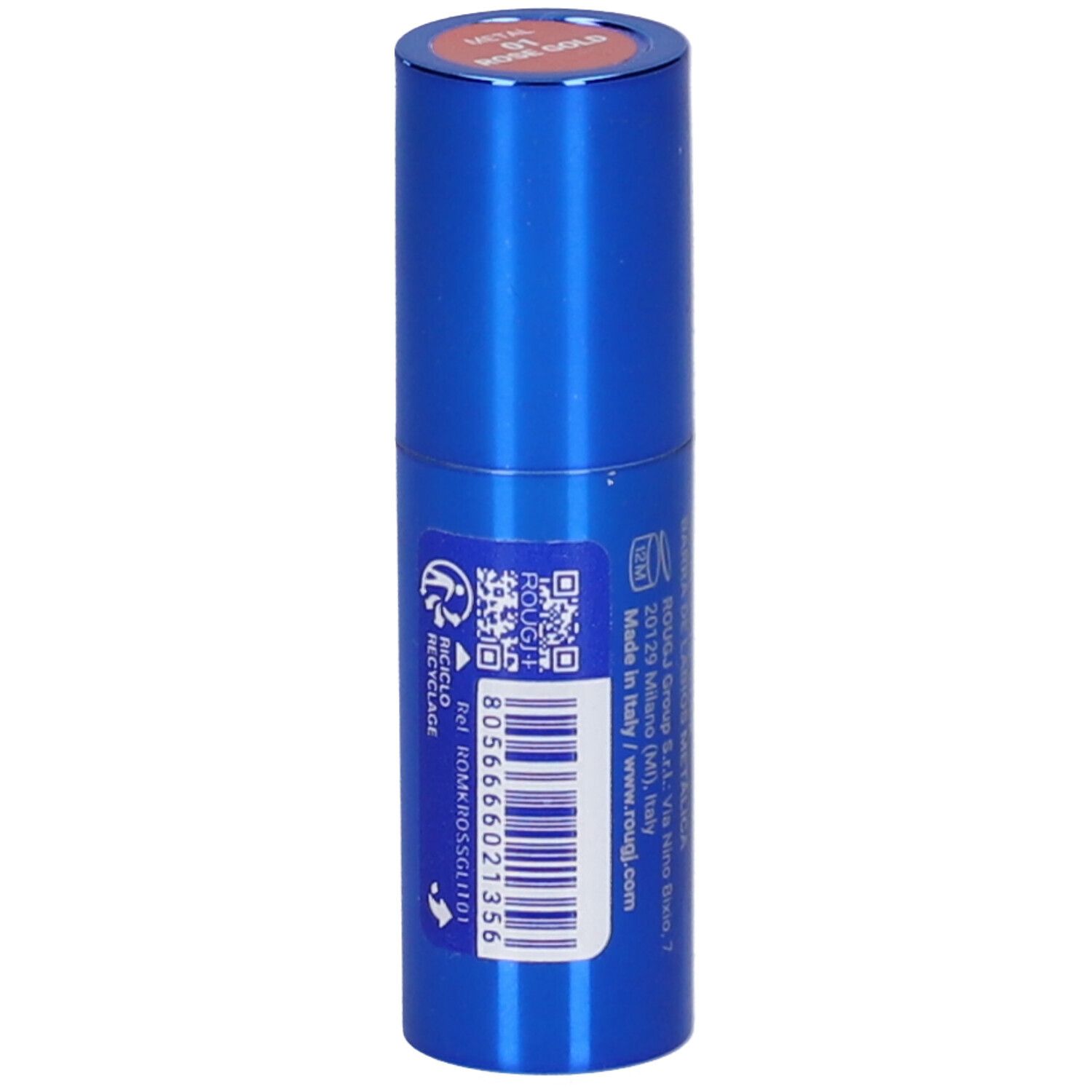 Rossetto blu. Scritta: Rougj+, Let's Party Lipstick, Rossetto Metallizzato. Simbolo di riciclo e codice a barre.