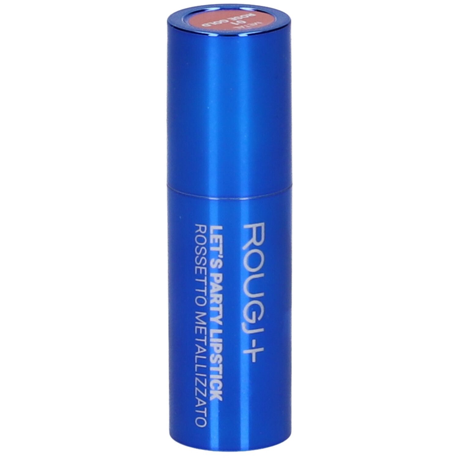 Rossetto blu. Scritta: Rougj+, Let's Party Lipstick, Rossetto Metallizzato. Sopra: Rose Gold.