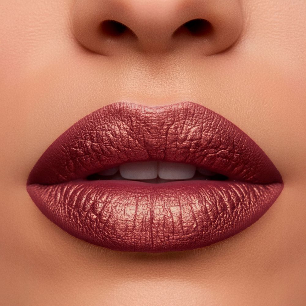 Primo piano di labbra coperte da rossetto rosa metallizzato.