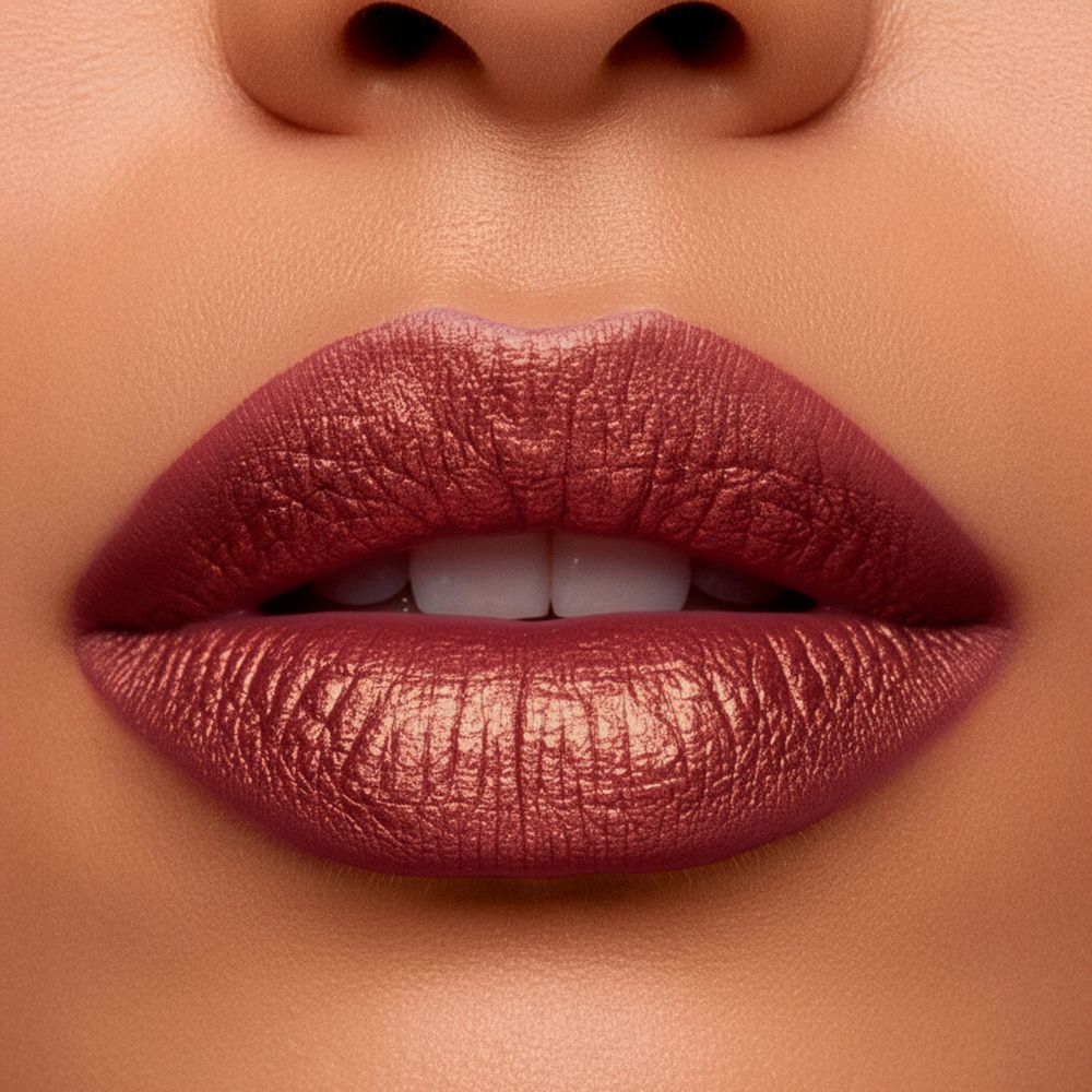 Primo piano di labbra coperte da rossetto rosa metallizzato.