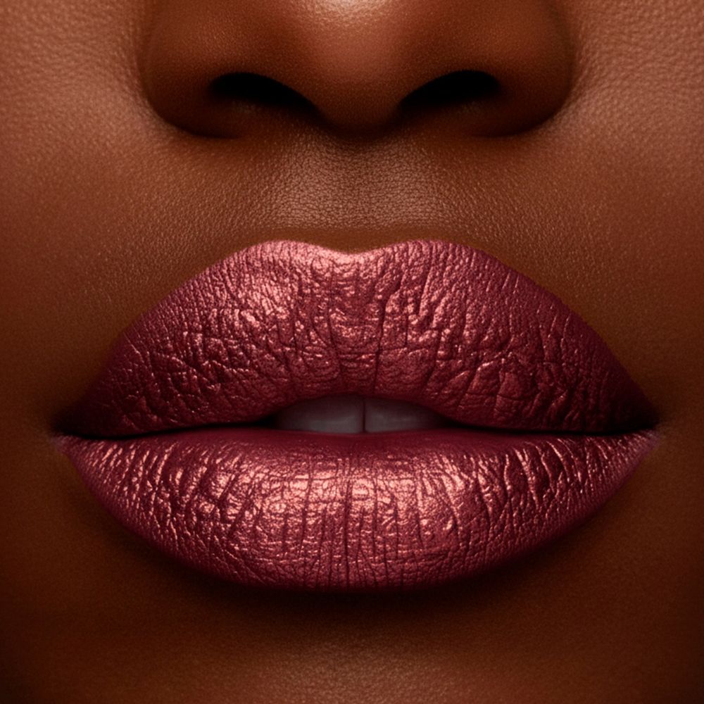 Primo piano di labbra coperte da rossetto rosa metallizzato.