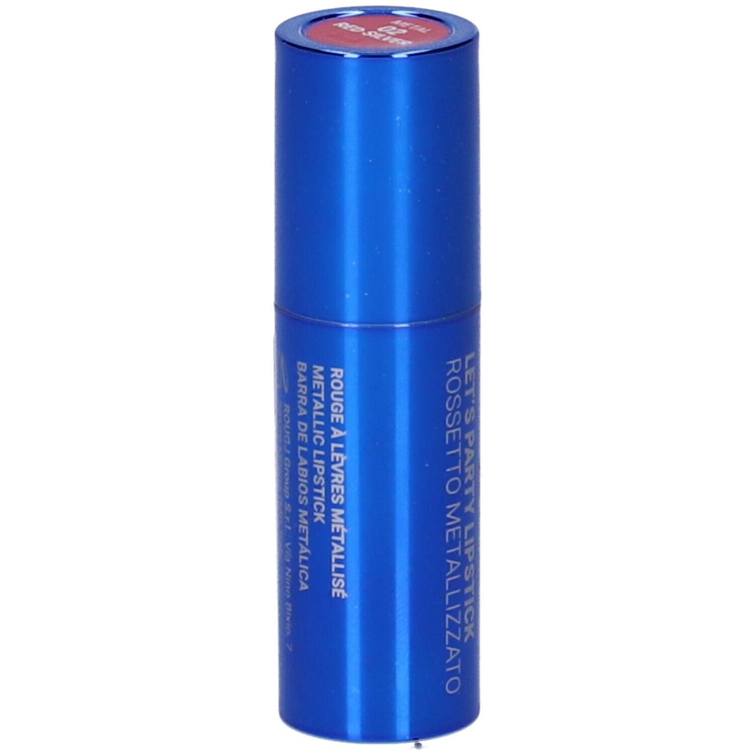 Rossetto blu. Scritta: Rougj+, Let's Party Lipstick, Rossetto Metallizzato, 02 Red Silver. Testi aggiuntivi.