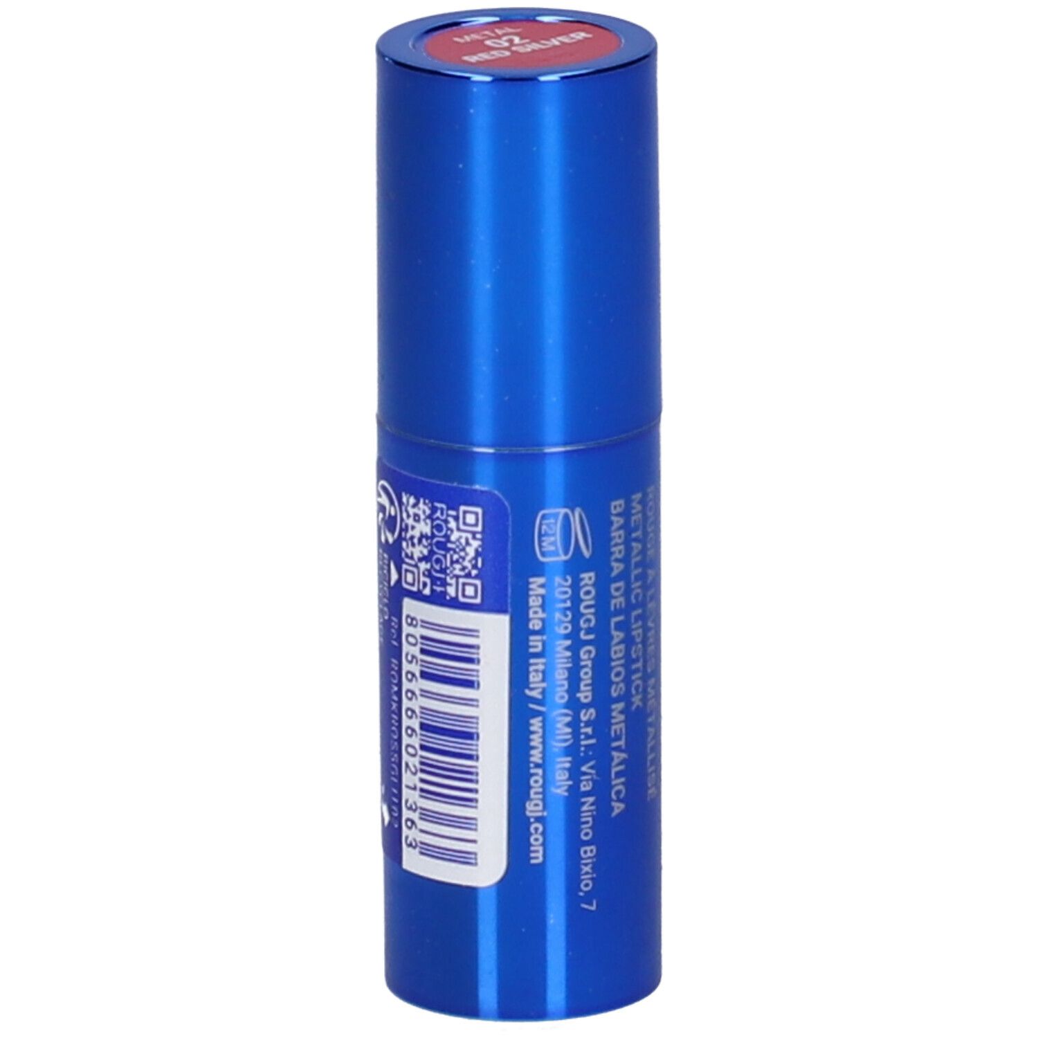 Rossetto blu. Scritta: Rougj+, Let's Party Lipstick, Rossetto Metallizzato, 02 Red Silver. Codice a barre e testi.