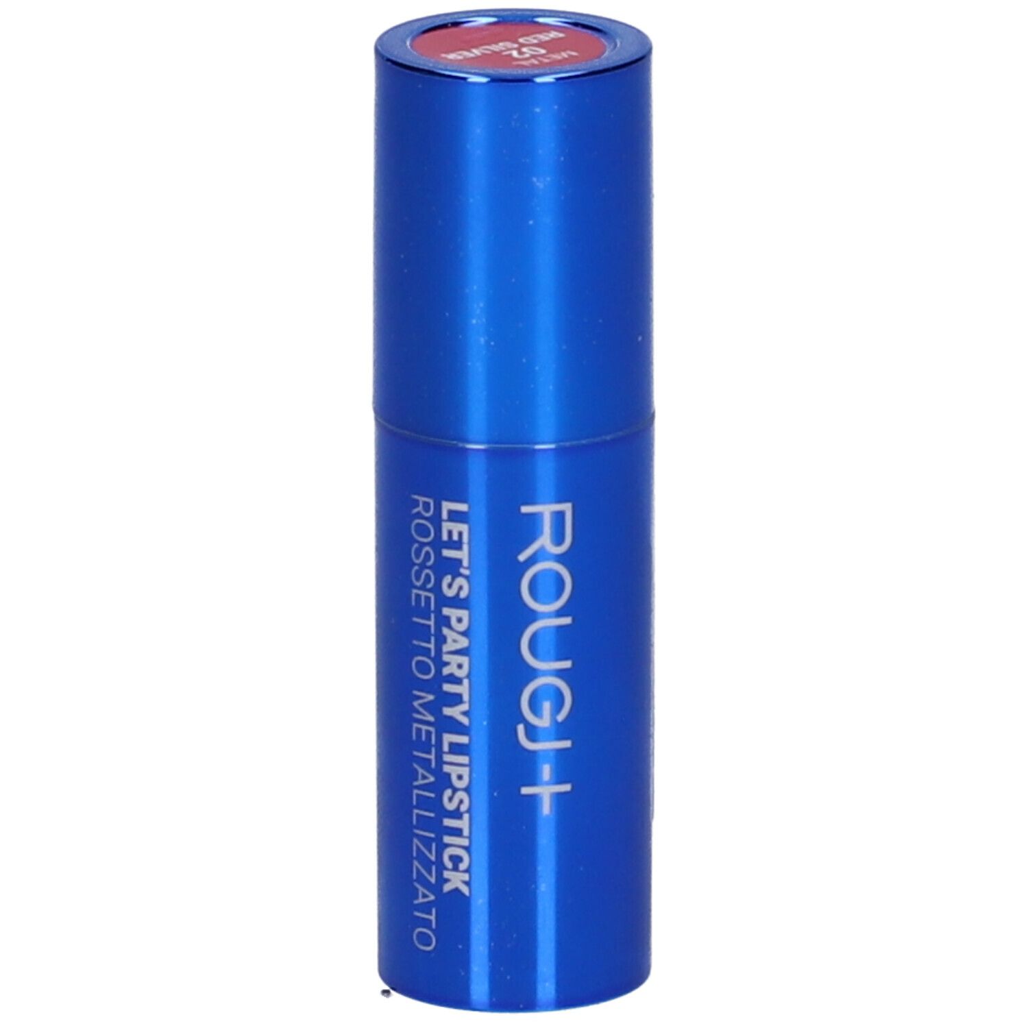 Rossetto blu. Scritta: Rougj+, Let's Party Lipstick, Rossetto Metallizzato, 02 Red Silver. Rossetto rosso visibile.