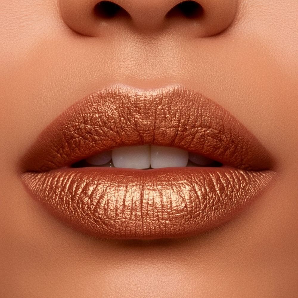 Primo piano di labbra coperte di rossetto dorato metallizzato. Le labbra sono piene.