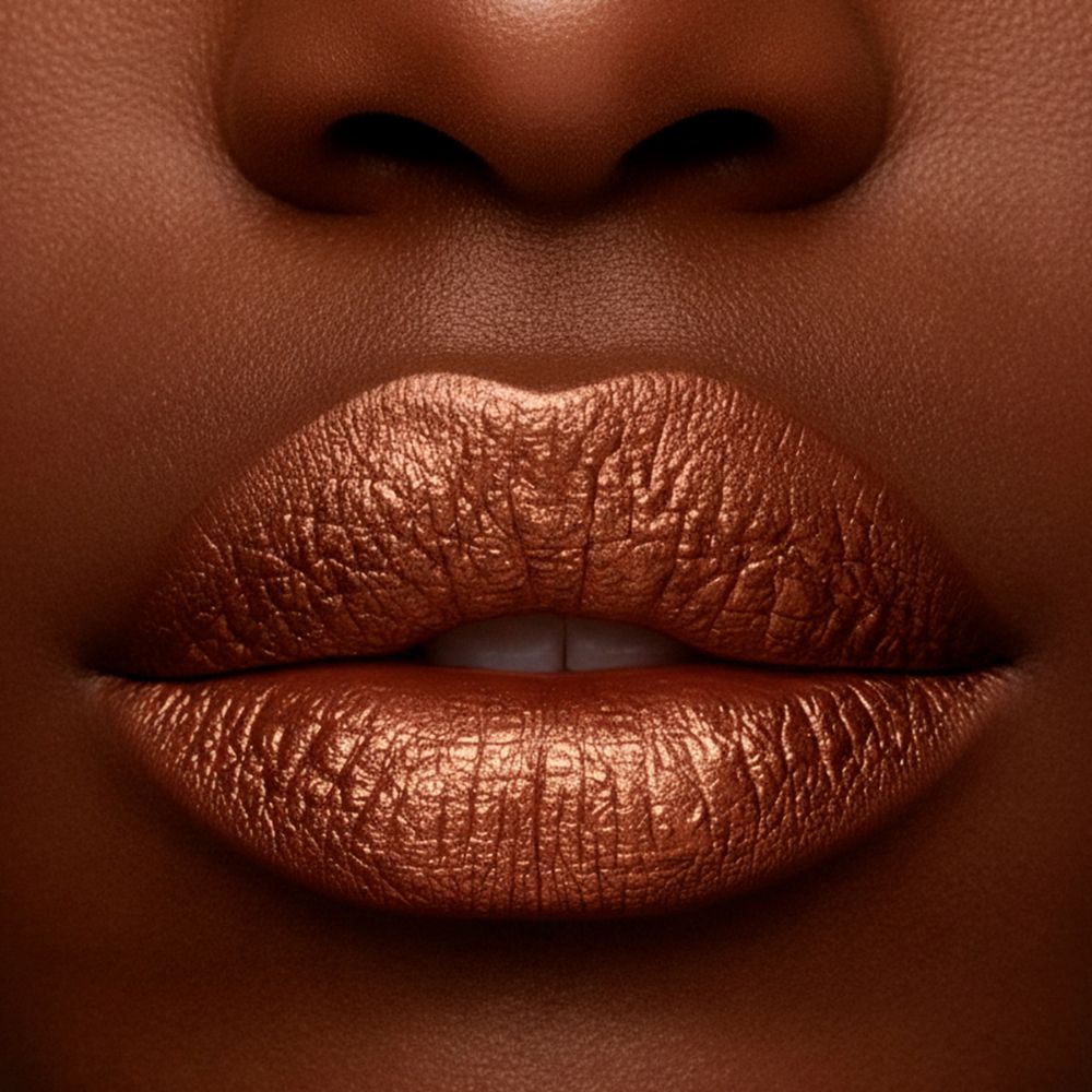 Primo piano di labbra coperte di rossetto dorato metallizzato. Le labbra sono piene.