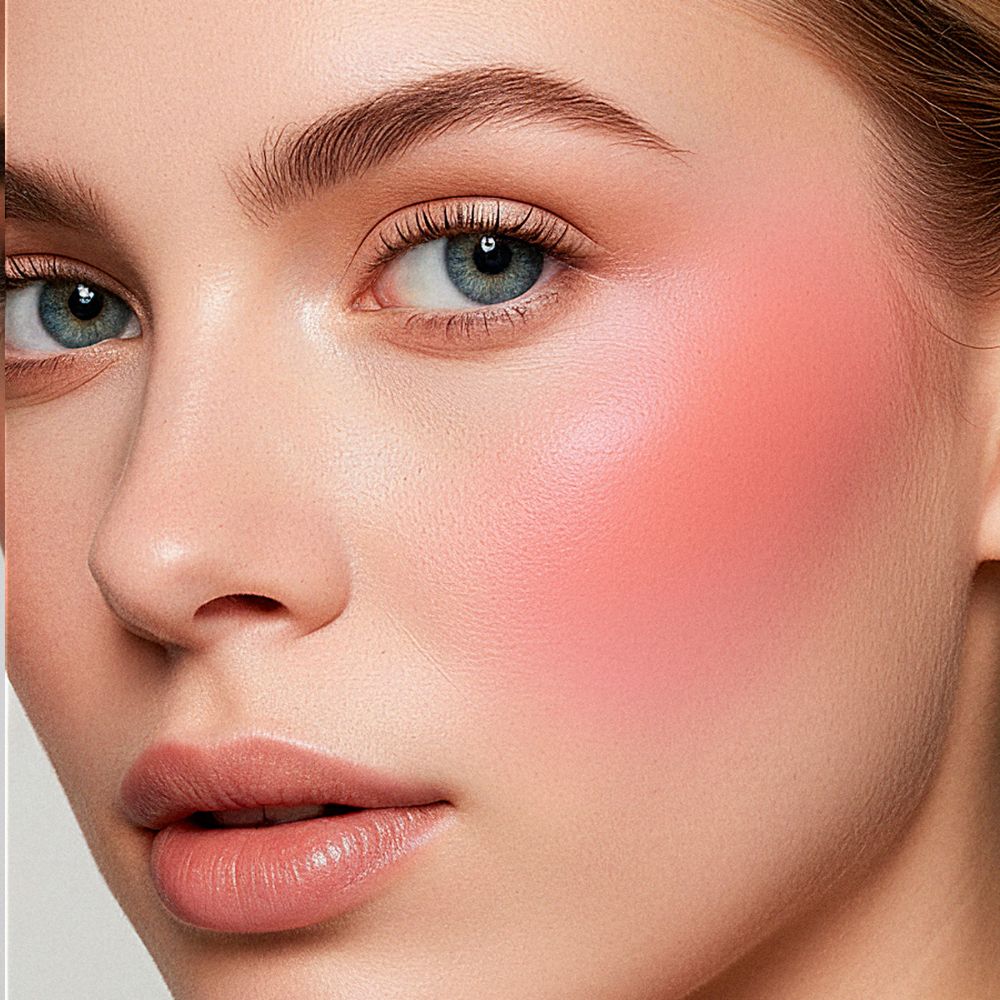 Primo piano di un viso con fard rosa sulla guancia. Tono della pelle chiaro.